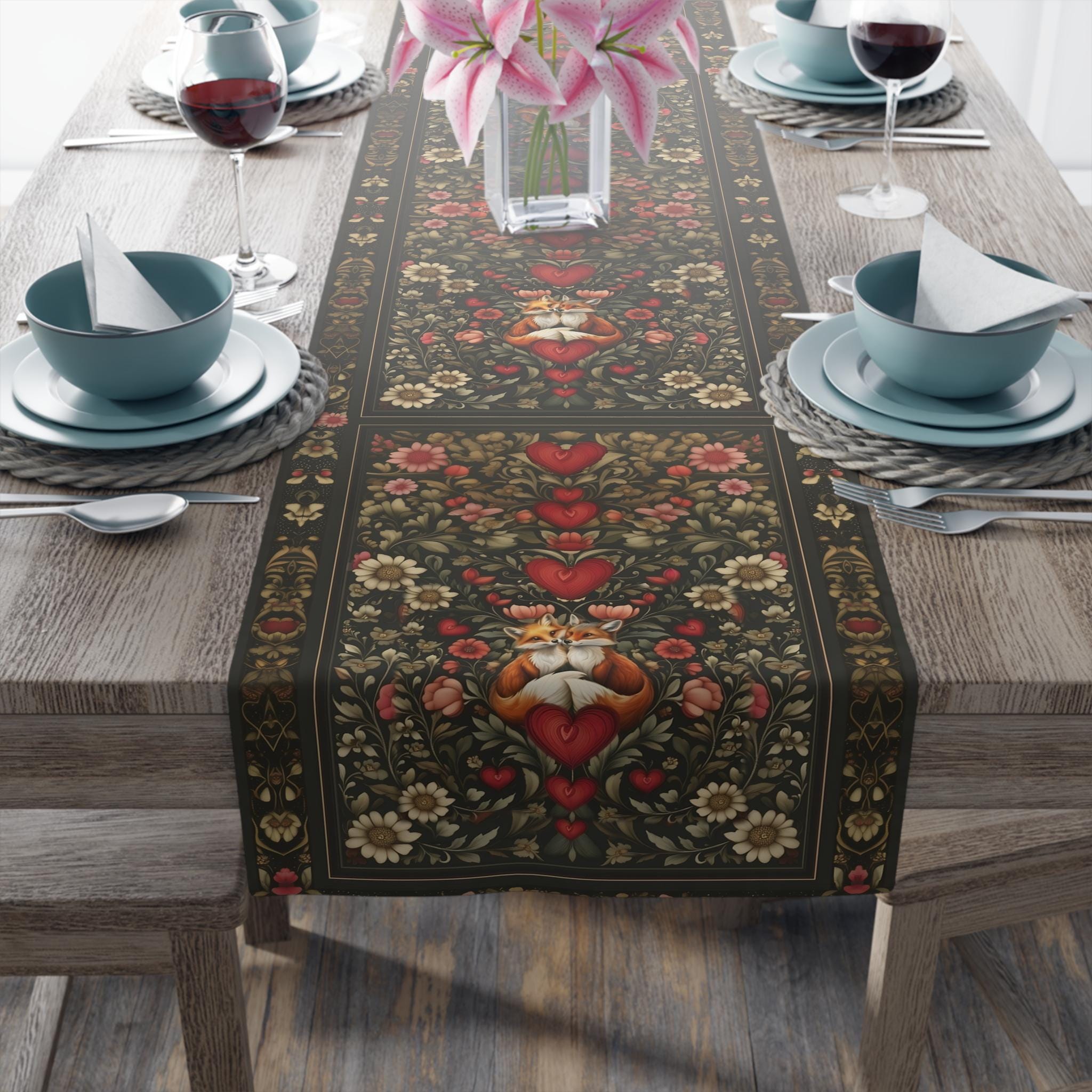 William Morris Inspired Table Runner: Fox Love Botanicals & Hearts Design