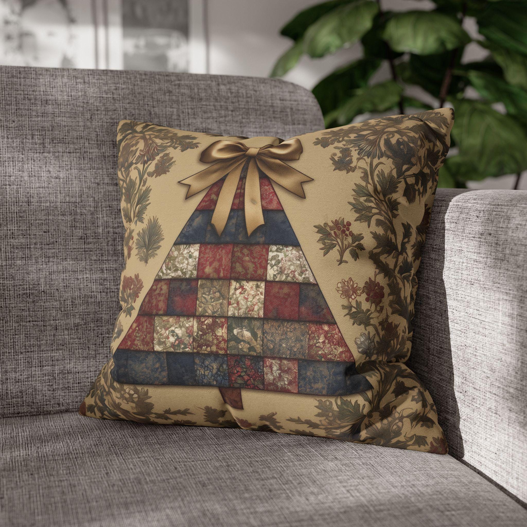 William Morris Christmas Tree Pillow Cover: Quilted Look Navy, Red & Gold Botanicals