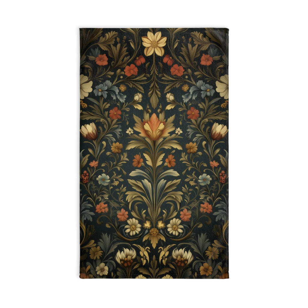 Vintage-Inspired William Morris Botanical Hand Towel: Autumn Floral Tapestry on Dark Background