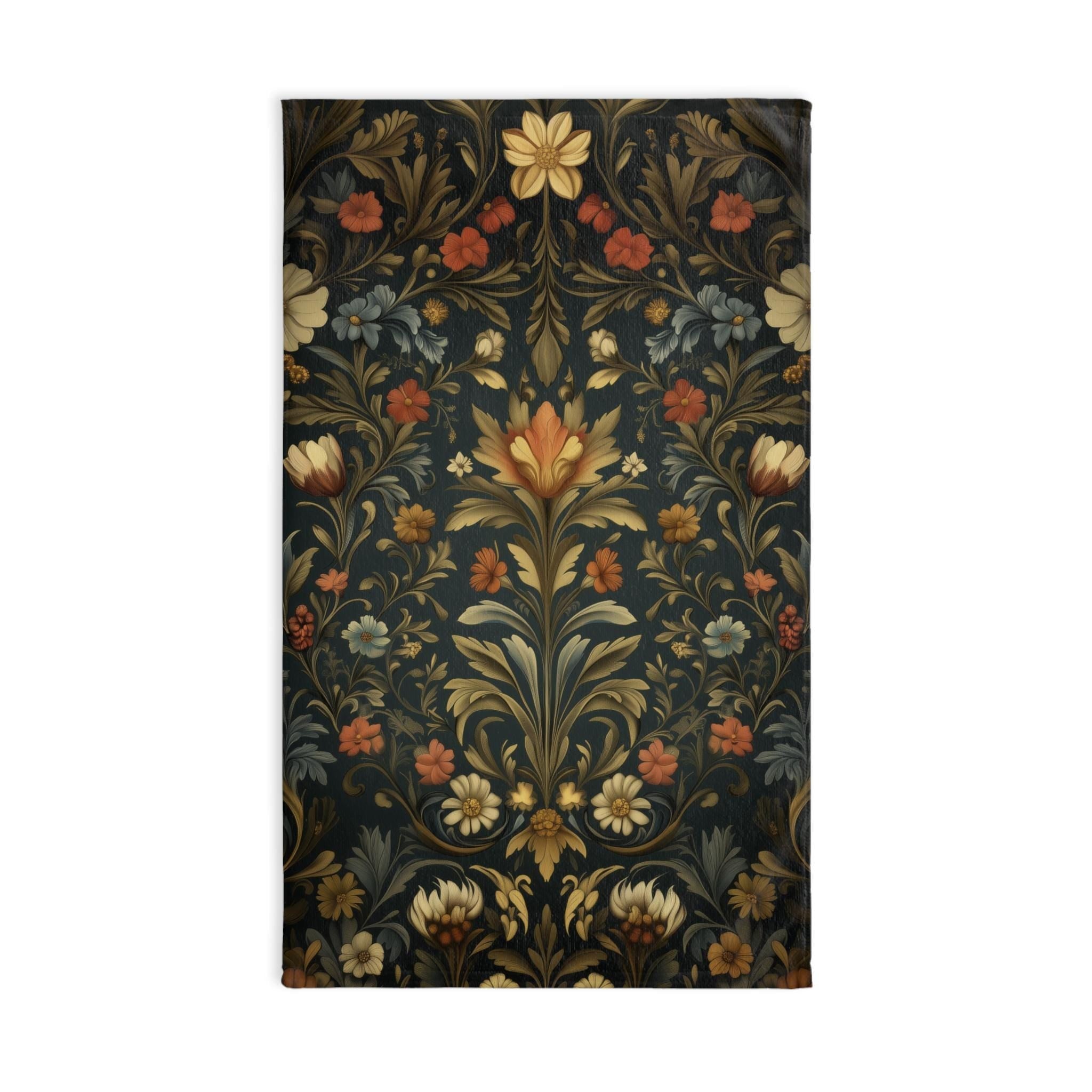 Vintage-Inspired William Morris Botanical Hand Towel: Autumn Floral Tapestry on Dark Background