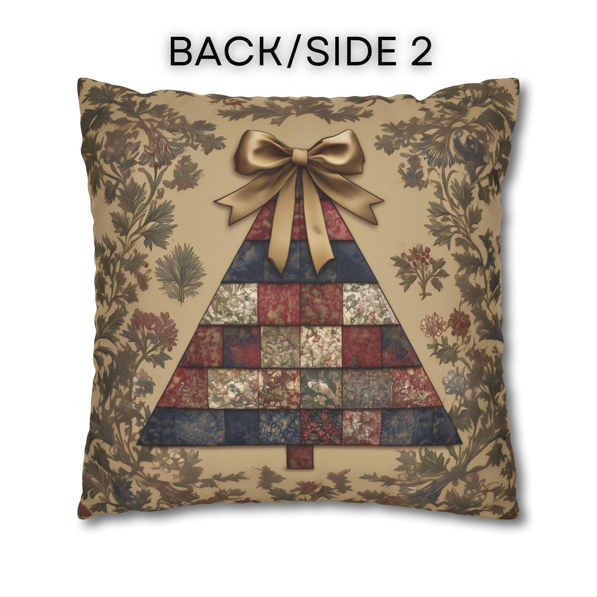 William Morris Christmas Tree Pillow Cover: Quilted Look Navy, Red & Gold Botanicals