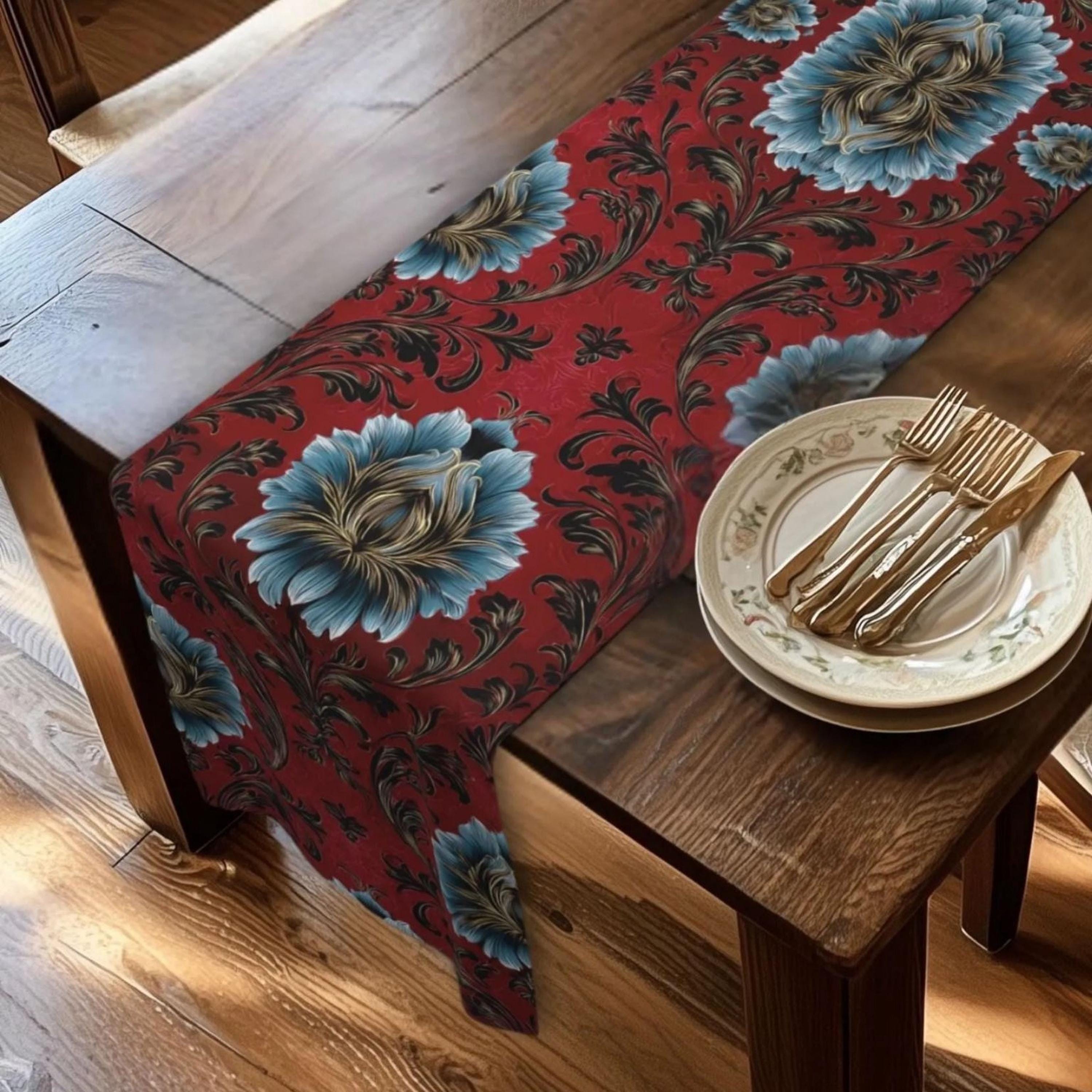 Quietly Patriotic Table Runner: Elegant Damask in Red, Cream and Blue