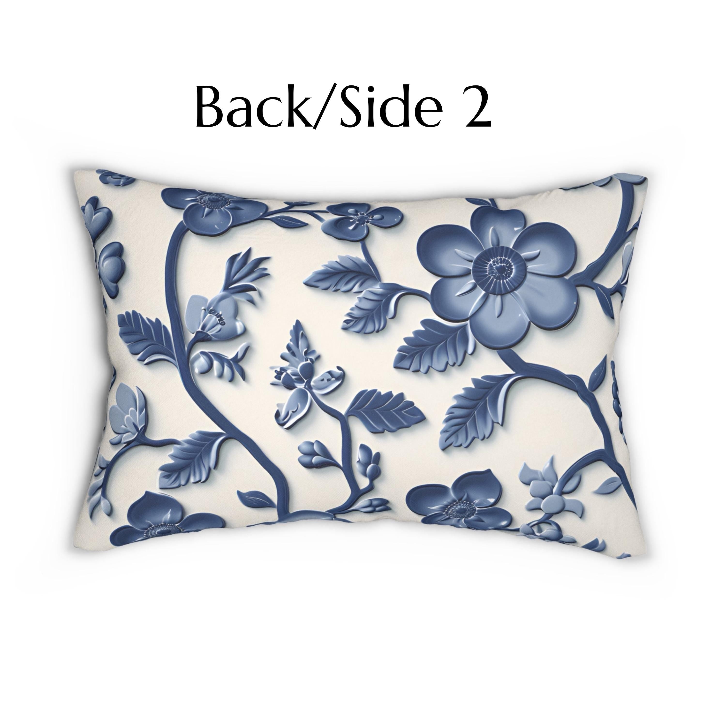 Chinoiserie Blue White Floral Lumbar Pillow | Elegant Pottery Pattern Accent Cushion