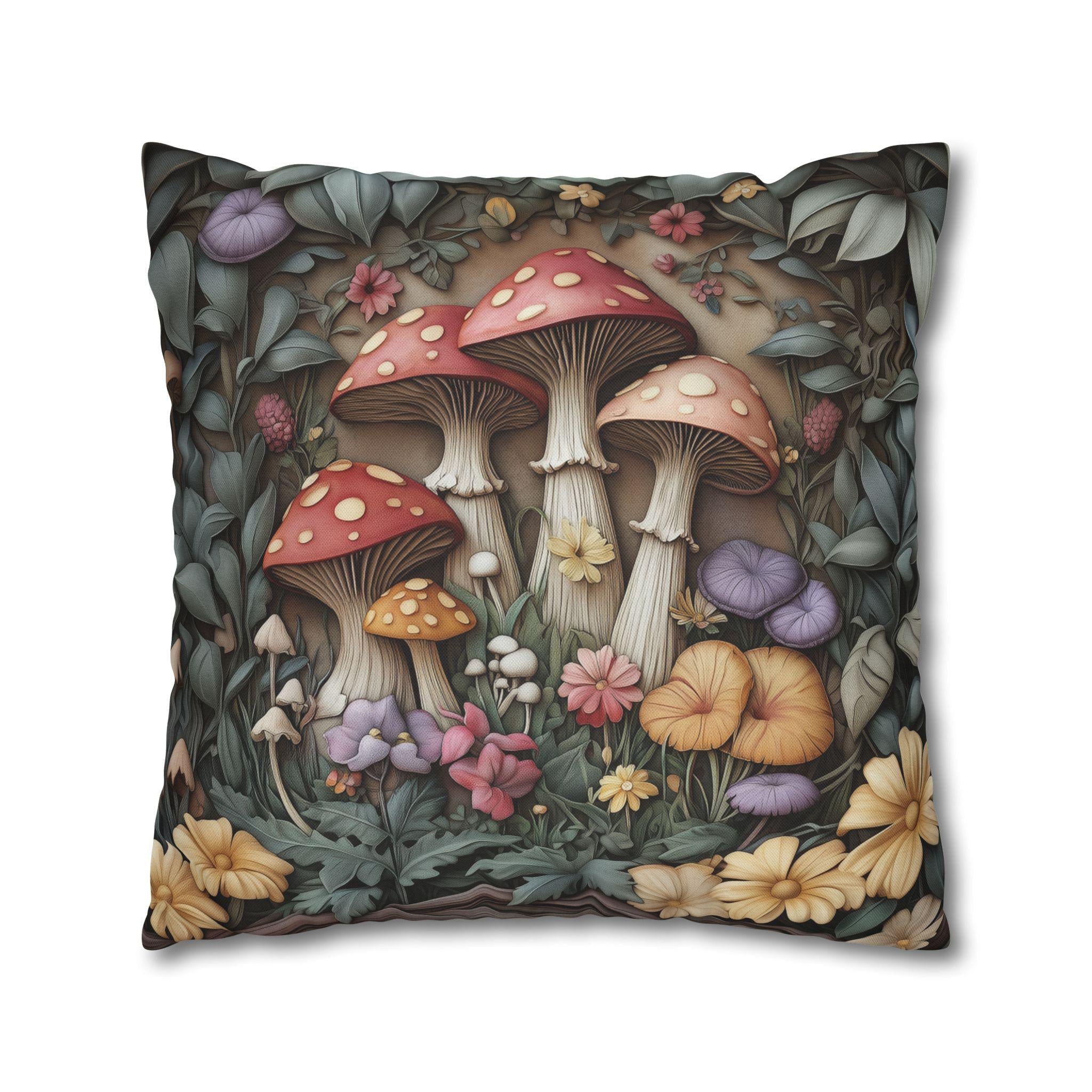 Whimsical Mushroom Pillow Cover: William Morris Inspired Forest Botanical Art Cushion Case