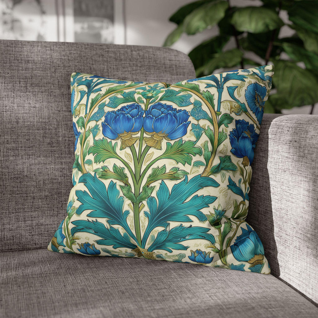 William Morris Inspired Teal Floral Pillow Cover: Art Nouveau Botanical Accent for Victorian Decor