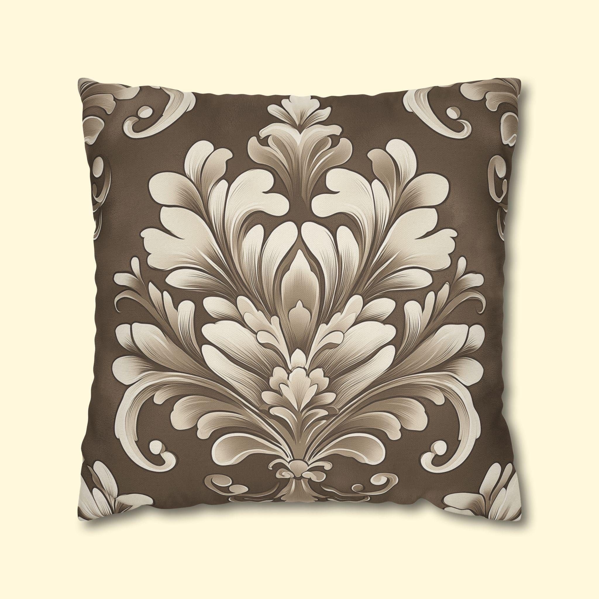 Damask Pillow Cover: Cream Beige Floral on Mocha Brown