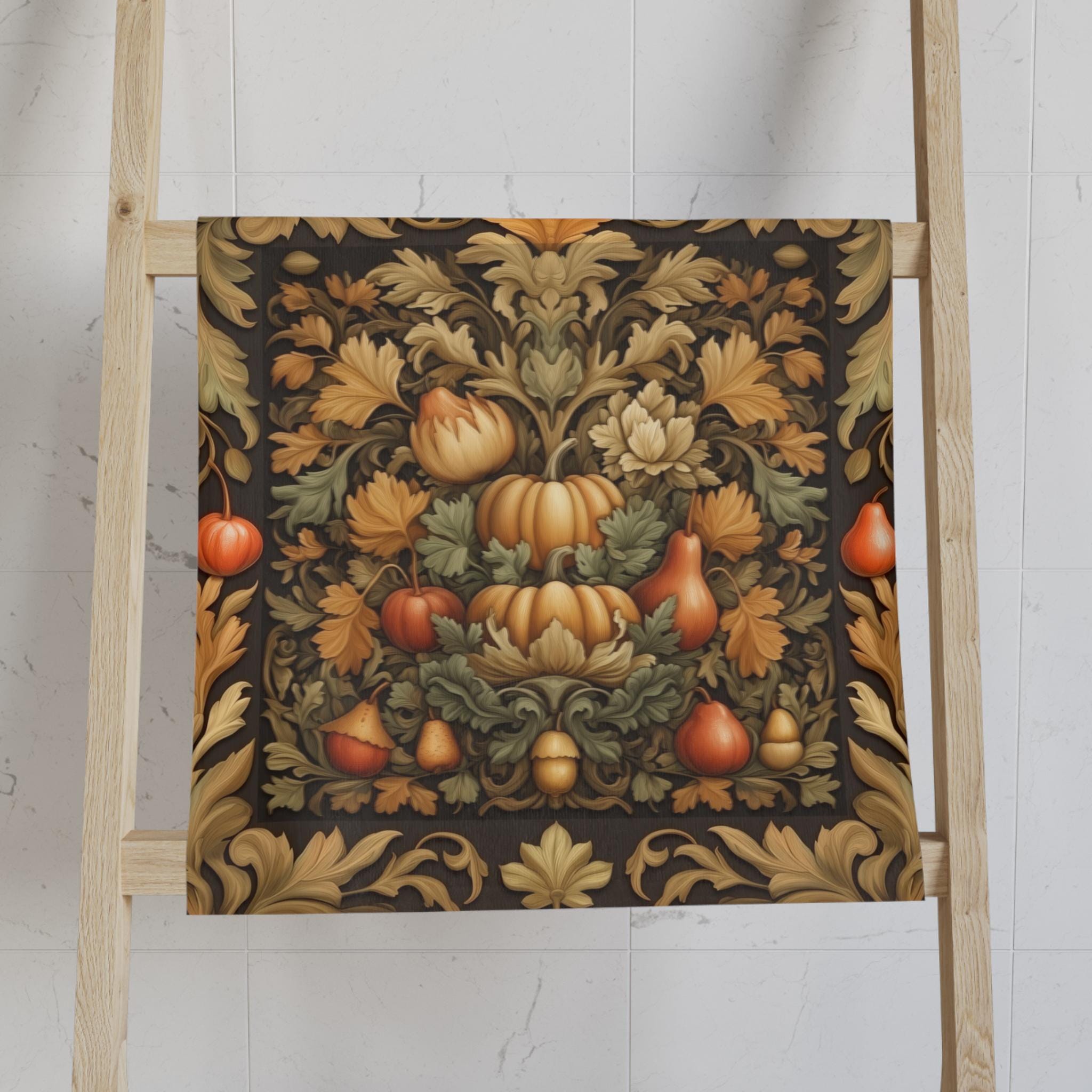 William Morris Inspired Autumn Harvest Tea Towel: Charcoal Amber Olive
