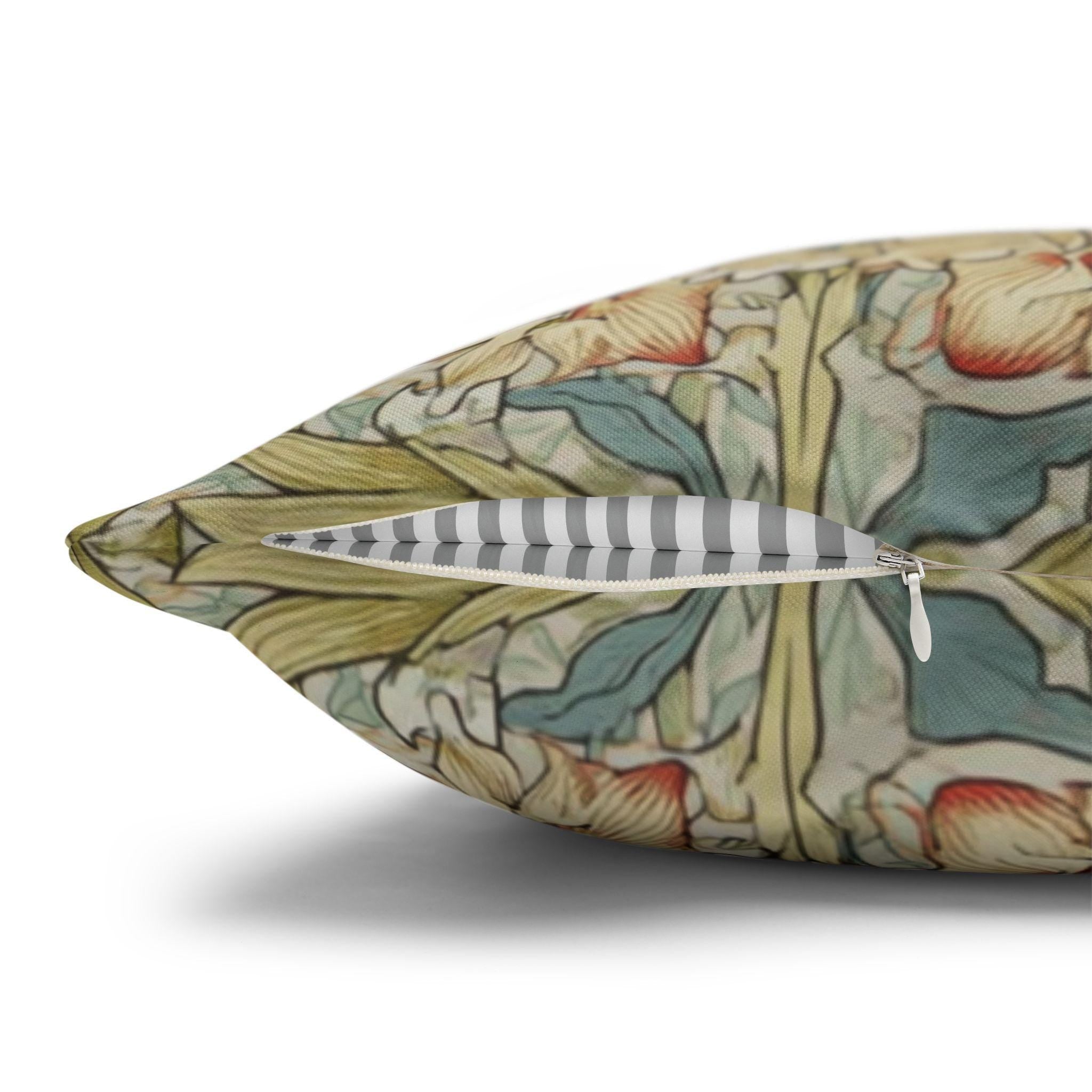 William Morris Style Pillow Cover: Soft Sage, Coral and Ivory Botanical Floral