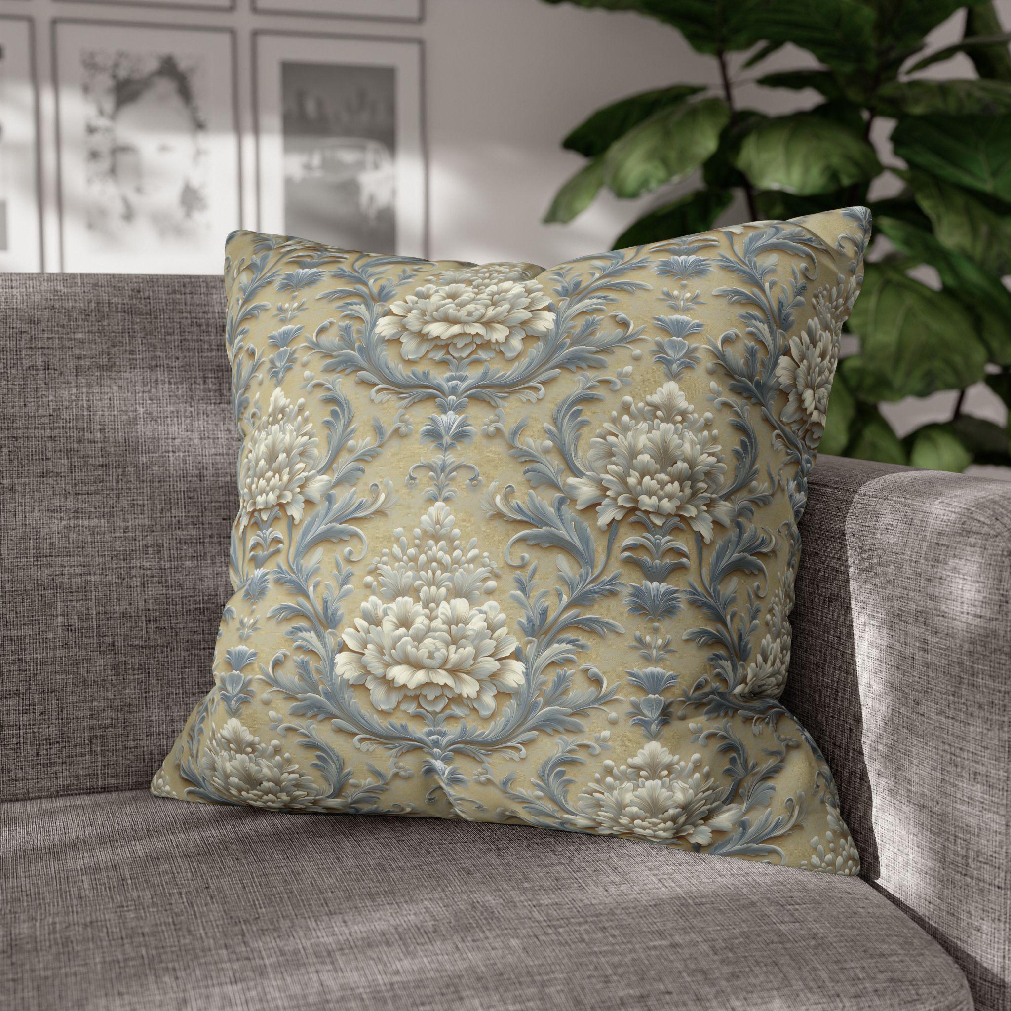 Damask Floral Pillow Cover: Blue & Gold Cushion Case - Classic Decor