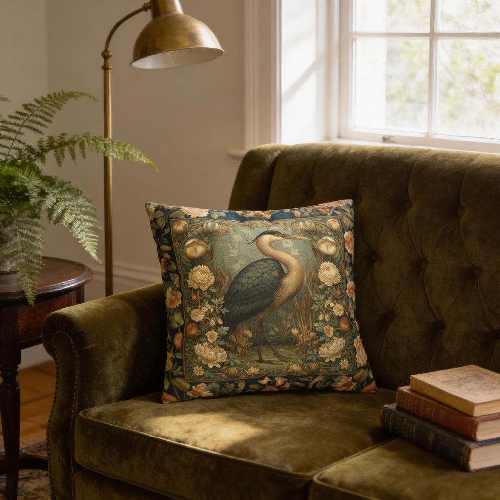 William Morris Style Throw Pillow Cover: Heron and Marsh Botanicals