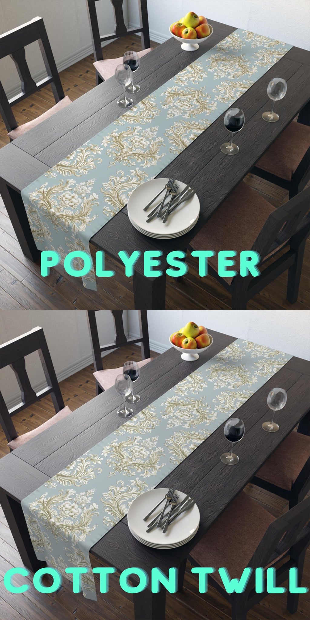 Baroque Floral Table Runner, Champagne Gold, Powder Blue