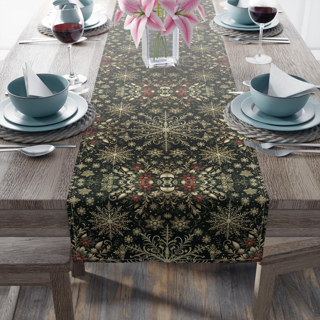 Elegant Christmas Table Runner: Gold Snowflake Poinsettia Pattern for Festive Holiday Dining Decor
