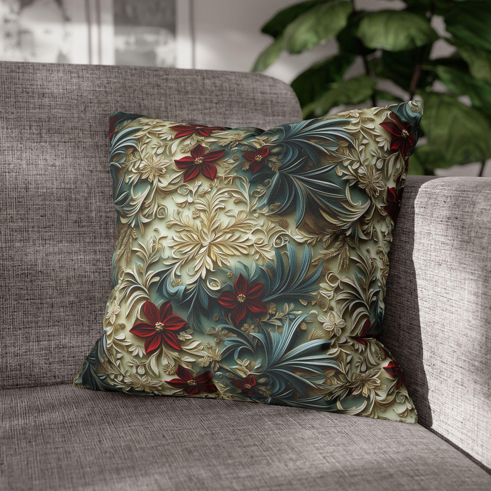 Luxurious Poinsettia Floral Pillow Cover: Elegant Red, Gold & Green Holiday Home Decor Accent