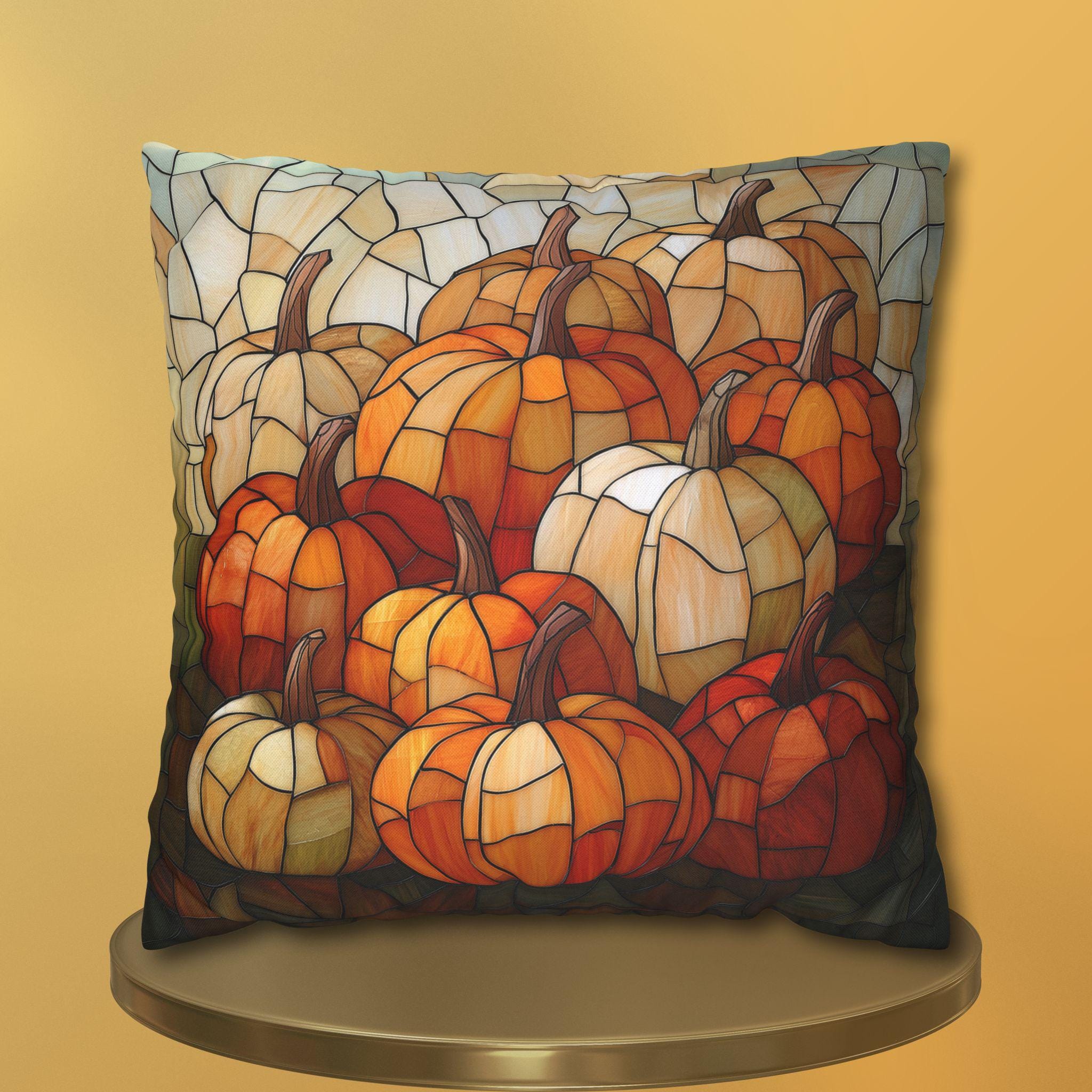 Pumpkin Mosaic Pillow Cover, Fall Decor, Stained Glass Effect