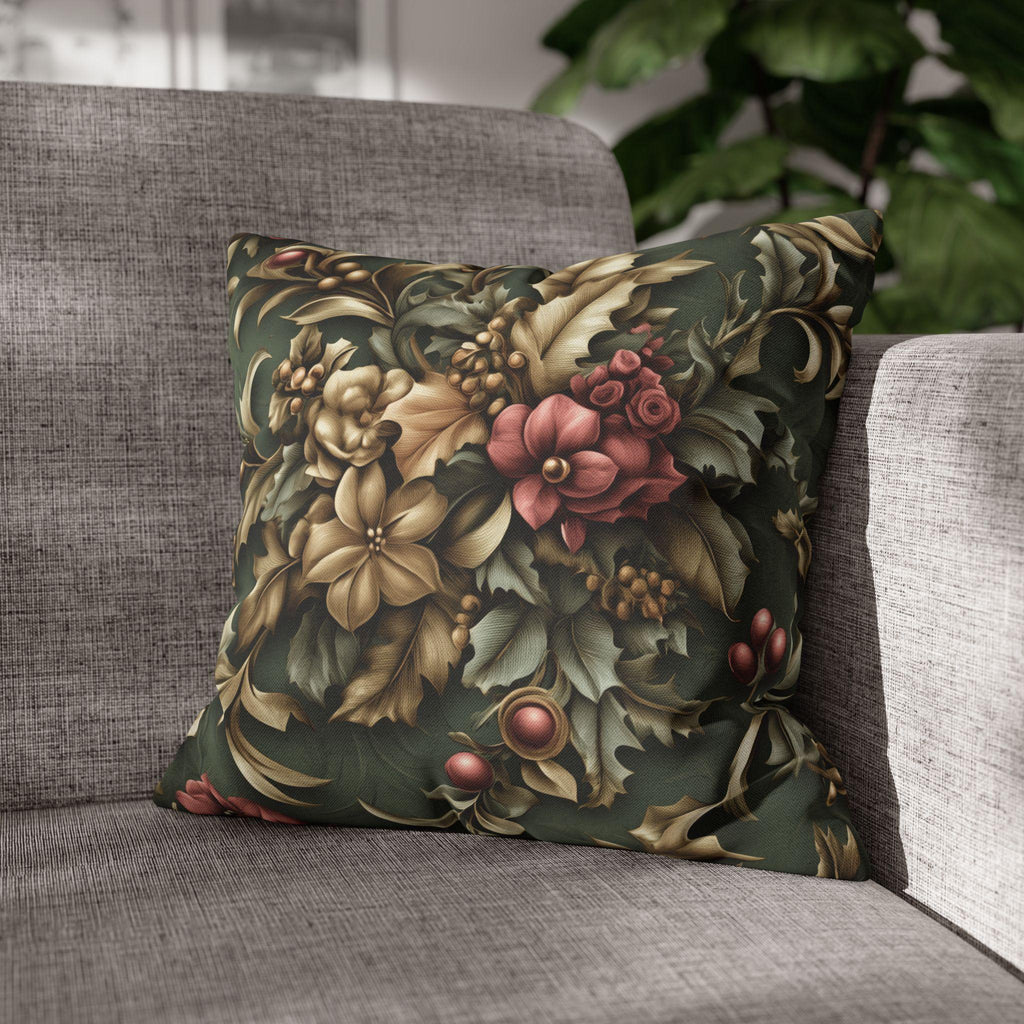 William Morris Inspired Holly & Poinsettia Christmas Pillow Cover: Pine, Gold, Cranberry