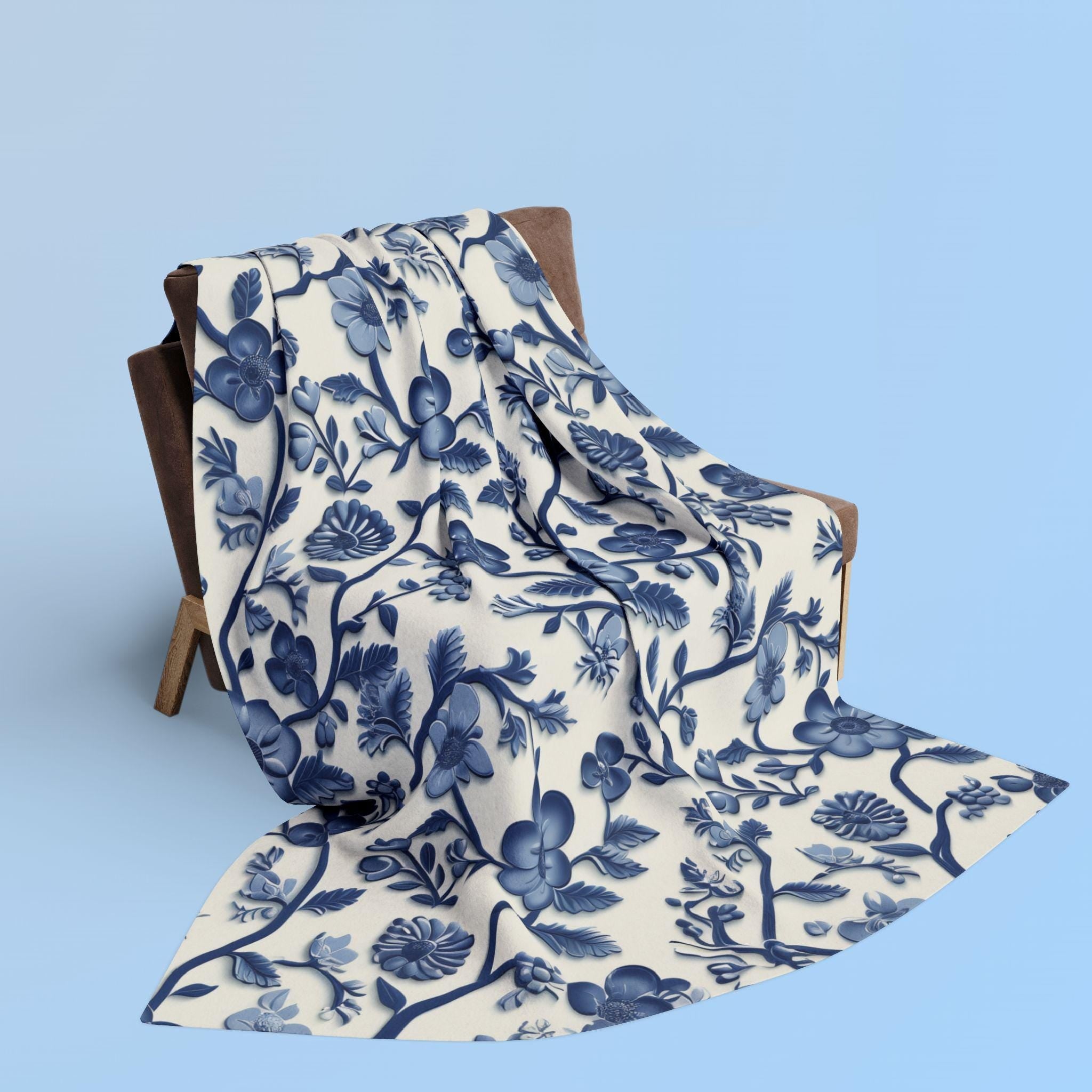 Chinoiserie Fleece Blanket: Blue and White Floral Pottery Pattern