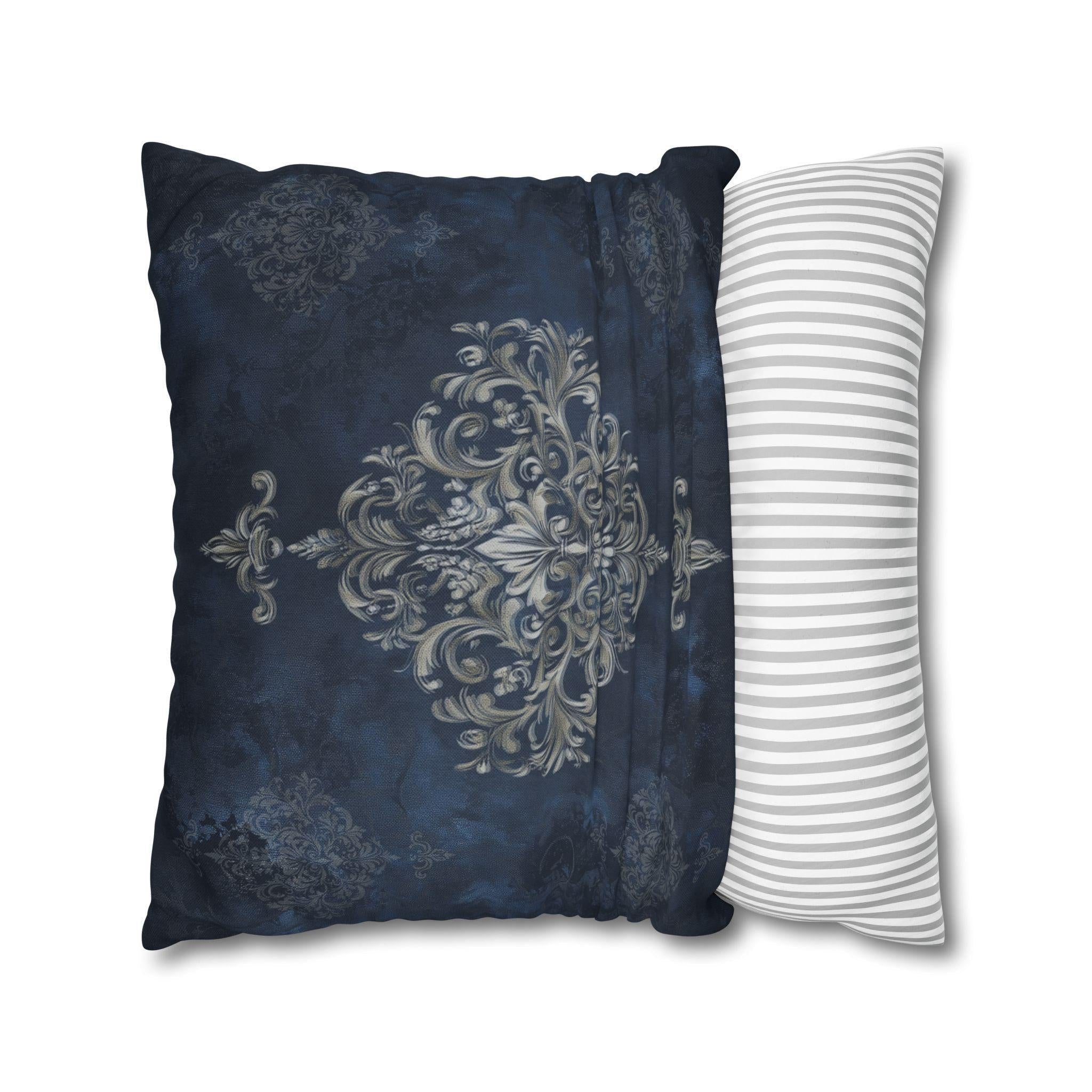 Elegant Navy Blue Damask Pillow Cover with Antique Gold Scroll Pattern - Baroque Accent Cushion