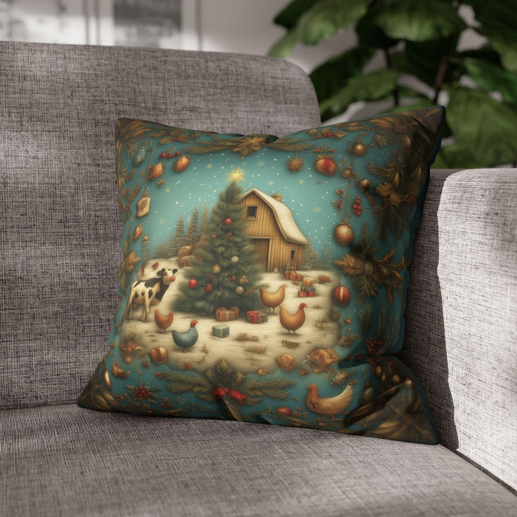 Country Christmas Farmhouse Pillow Cover: Barnyard Holiday Scene