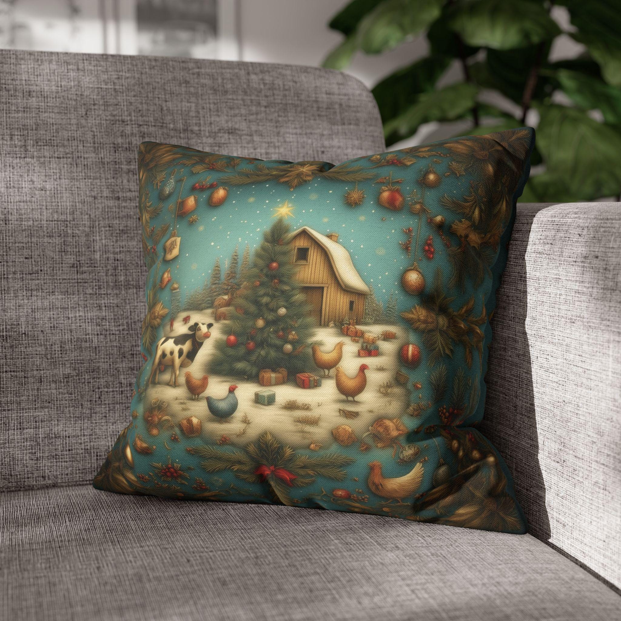 Country Christmas Farmhouse Pillow Cover: Barnyard Holiday Scene