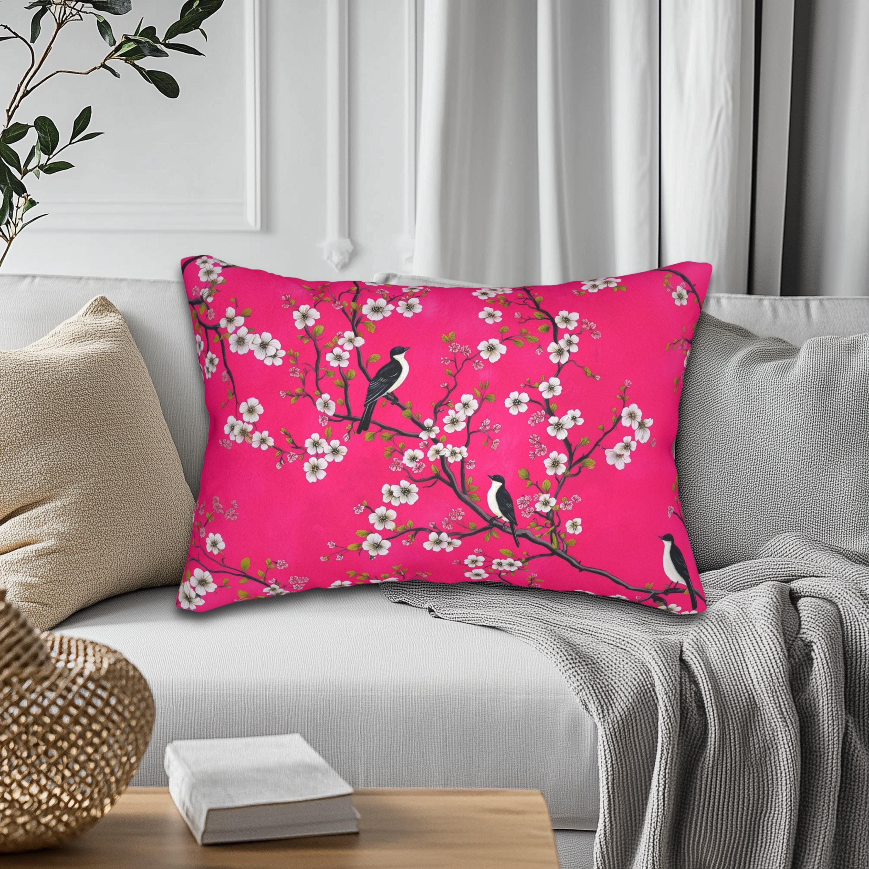 Chinoiserie Magenta Bird Lumbar Pillow: Vibrant Botanical Accent for Eclectic Decor