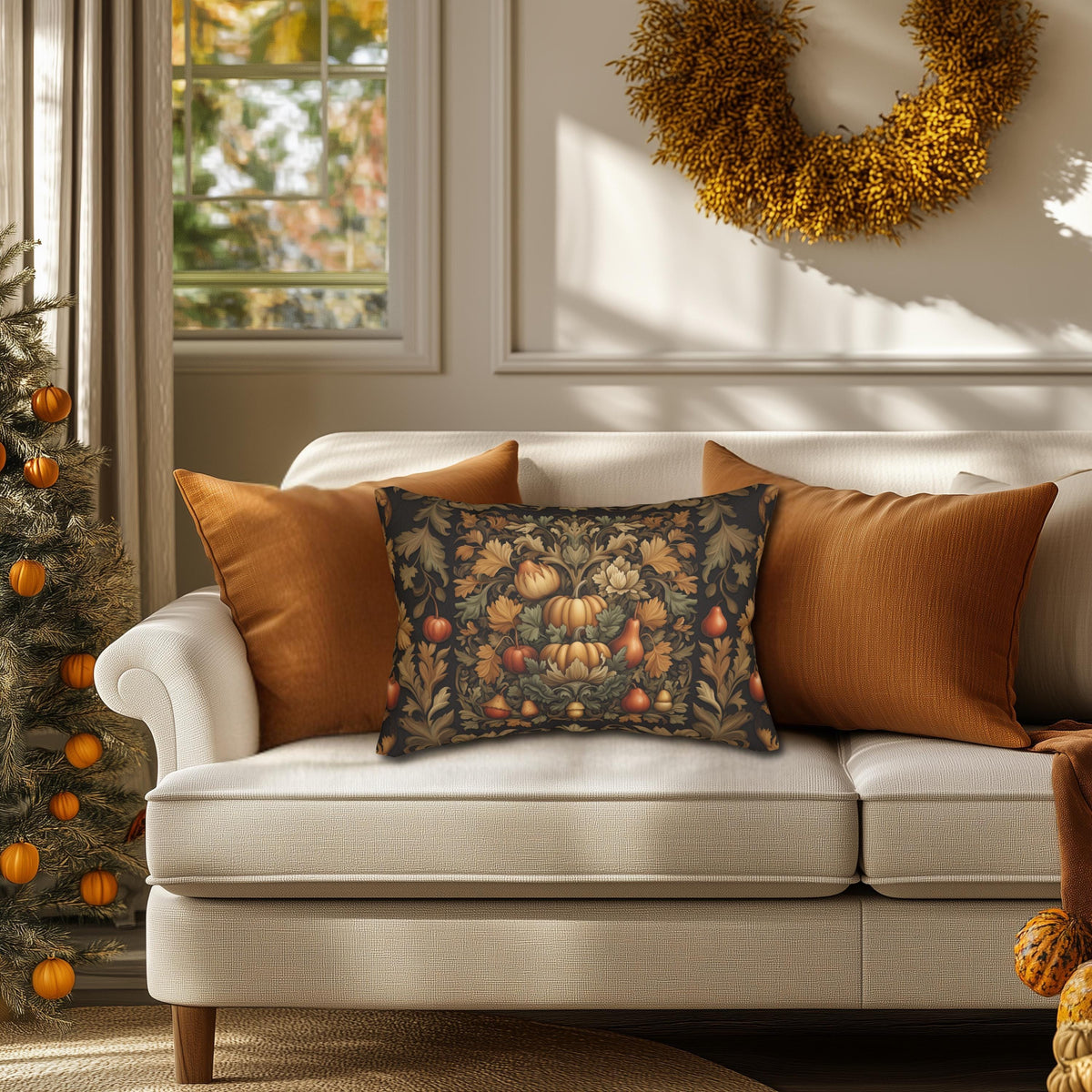 Autumn Harvest Tapestry 20 by 14 inch lumbar pillow with insert included in the four-piece decor bundle