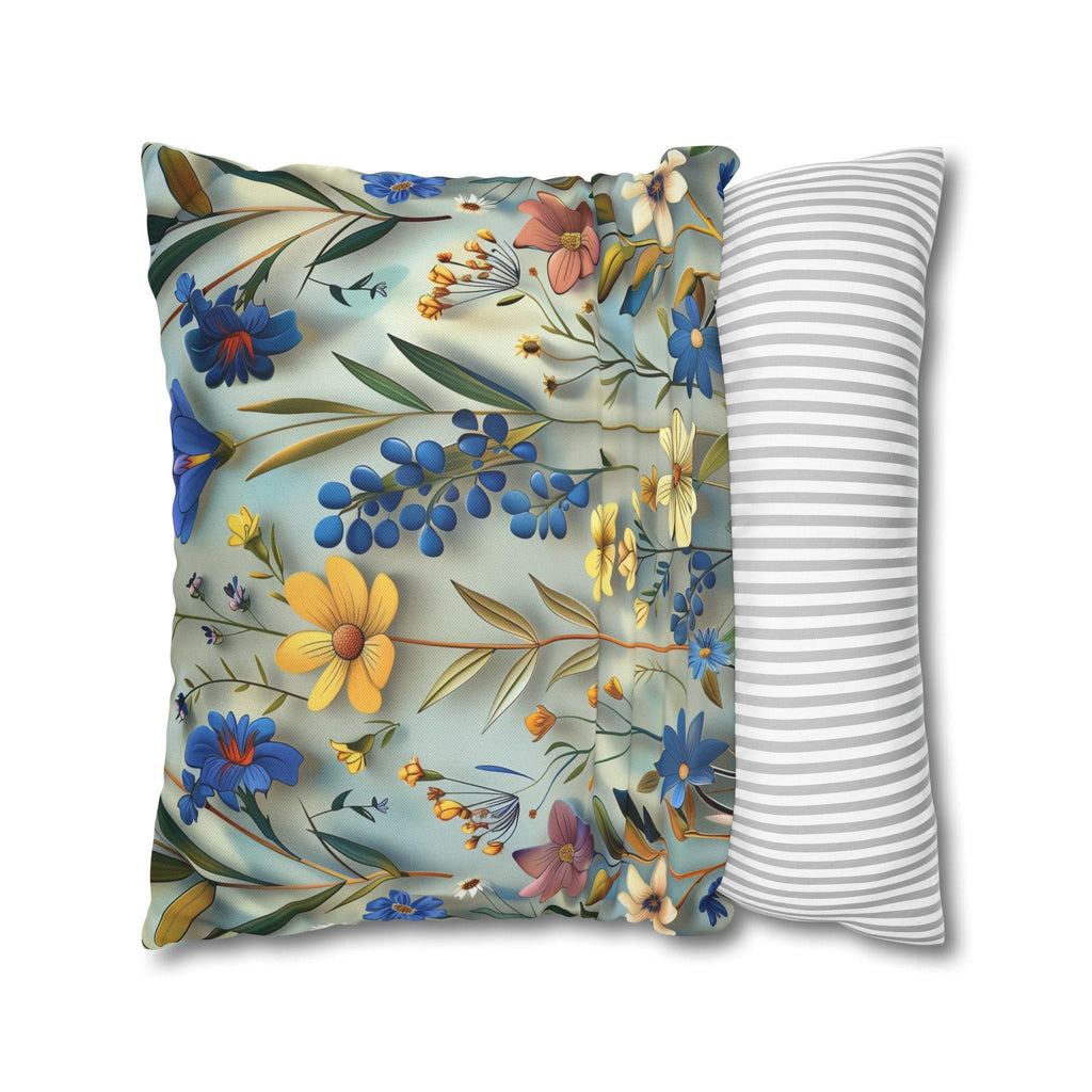 Floral Garden Pillow Cover: Rich Blue Yellow Pink Flowers