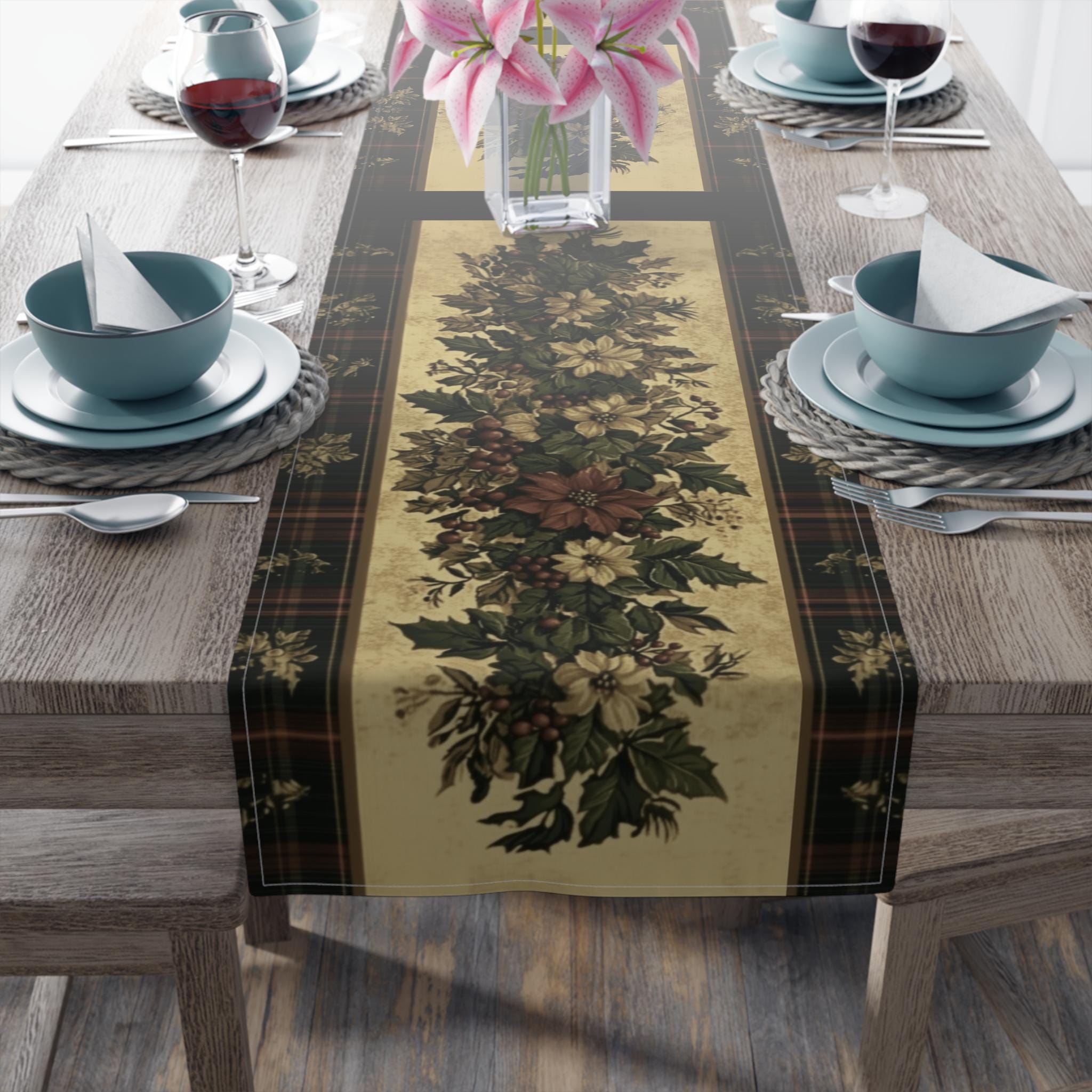 Plaid Botanical Stripes Christmas Table Runner: Vintage Style with Poinsettias and Holly