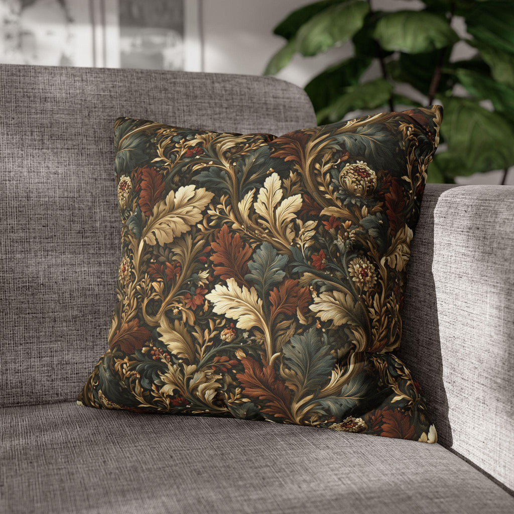 Fall Leaves Pattern Pillow Cover: Vintage Botanical Accent Cushion in Rust, Blue, and Cream