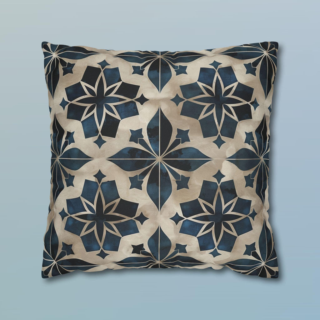 Moroccan Tile Pattern Square Pillowcase, Navy Blue Beige Geometric Design Decorative Cushion Cover