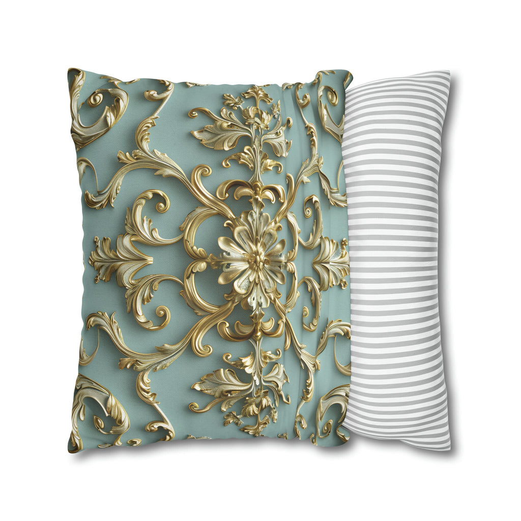 Luxurious Italian Rococo Pillow Cover: Gold Scrollwork on Soft Blue, Classical Ornate Design