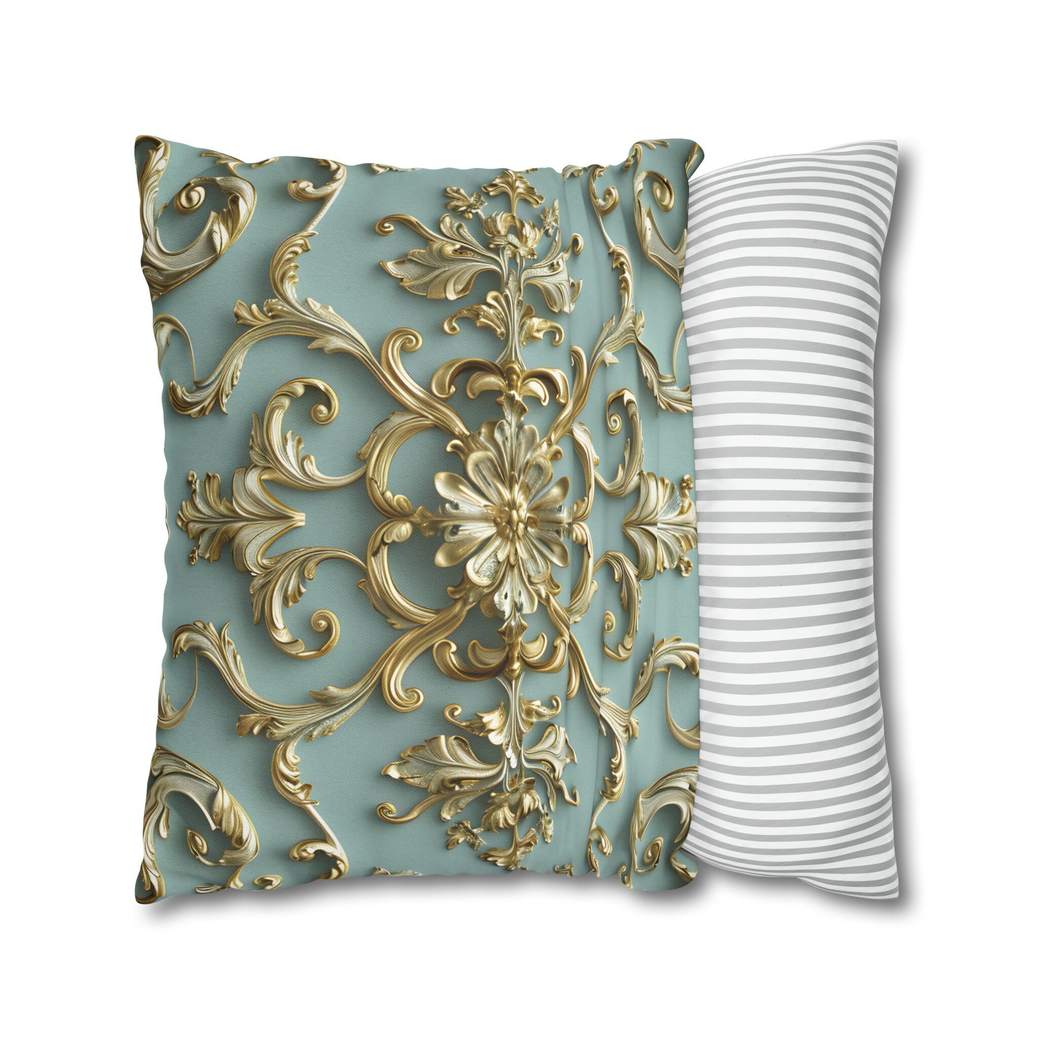Luxurious Italian Rococo Pillow Cover: Gold Scrollwork on Soft Blue, Classical Ornate Design
