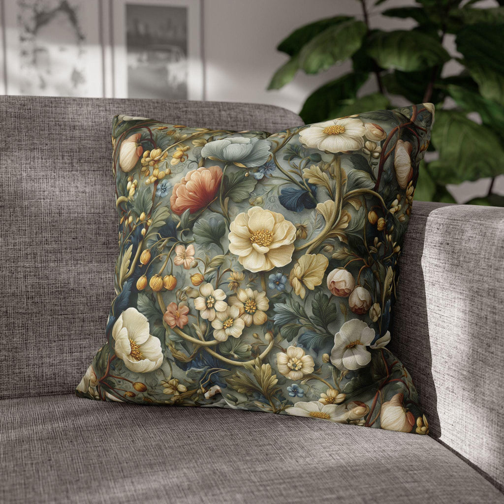 Vintage Style Meadow Garden Pillow Cover: Soft Sage Ivory & Lilac Botanical Floral