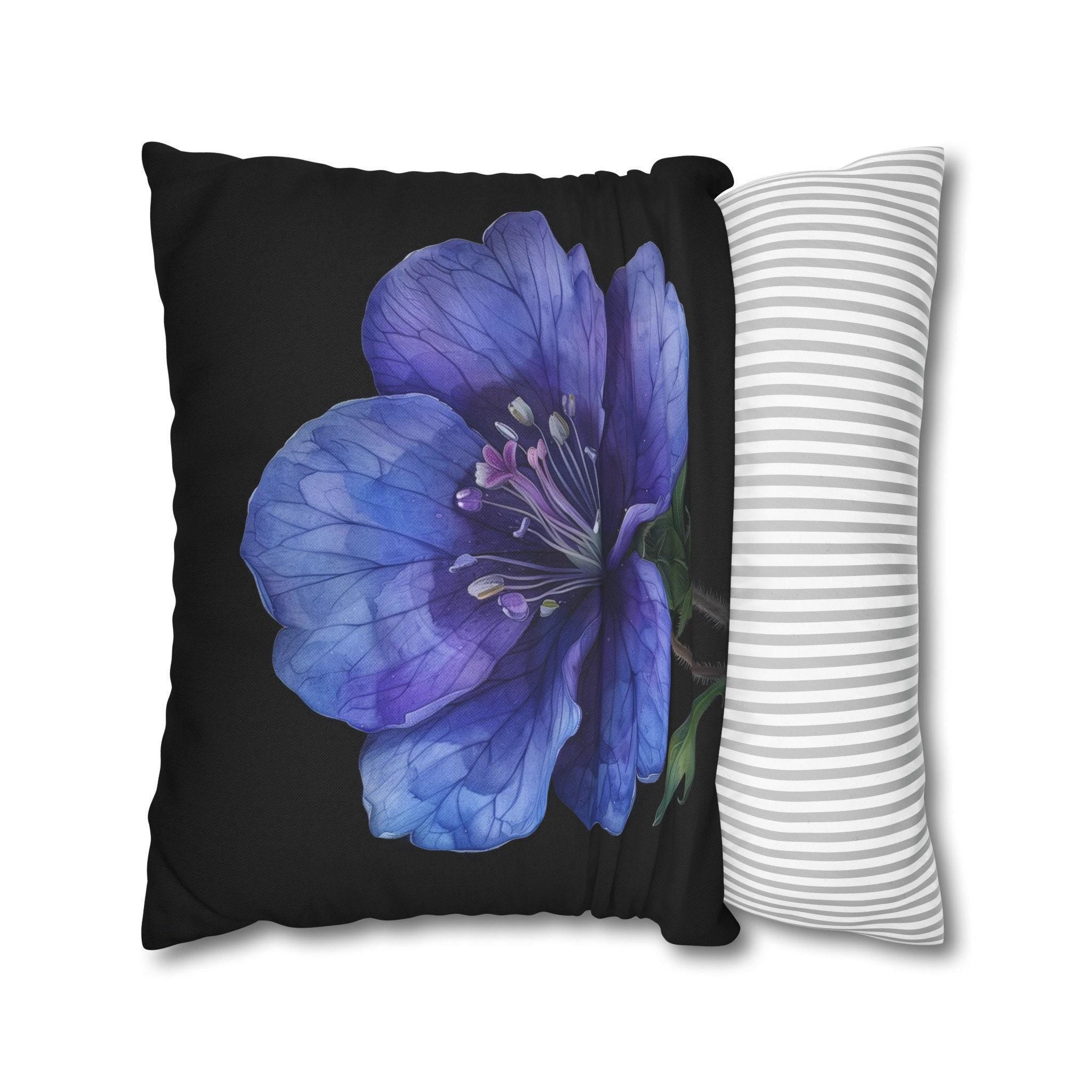 Anemone Pillow Cover: Detailed Floral Illustration, Black Background