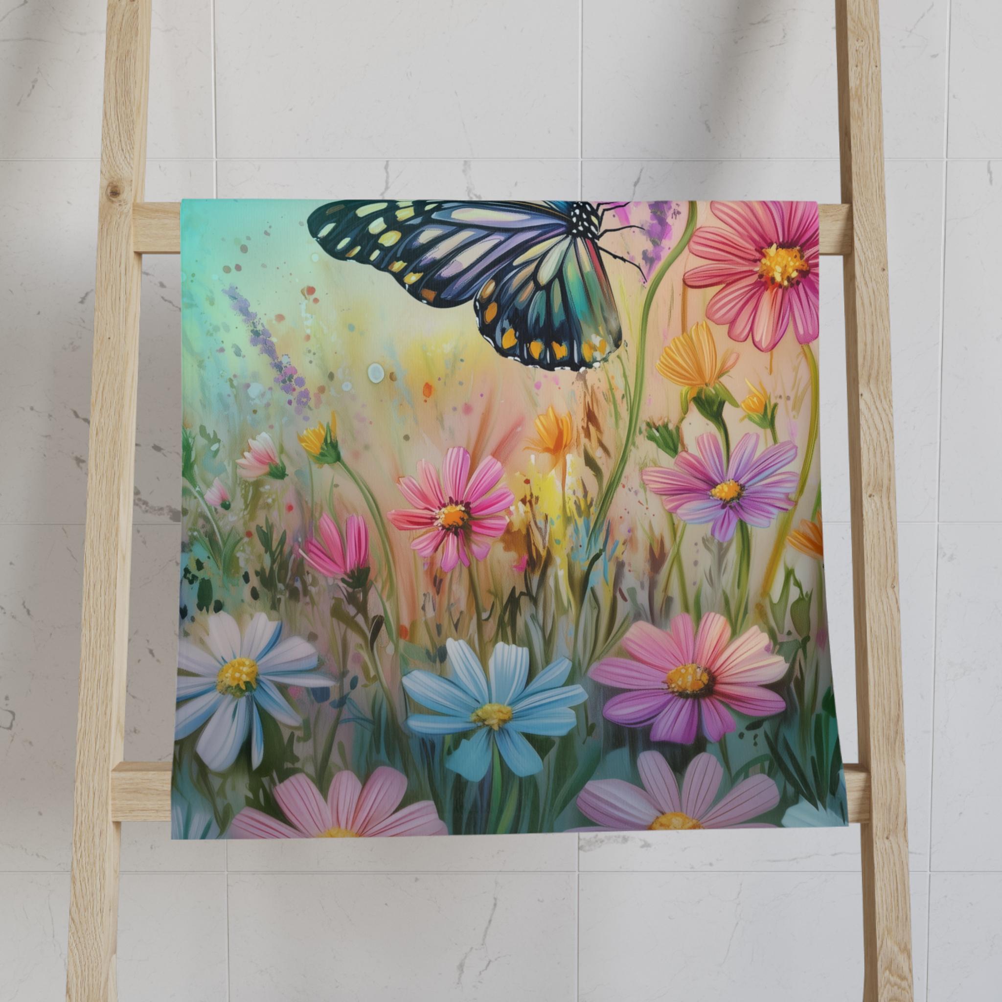 Colorful Butterfly Garden Hand Towel: Floral Design with 3 Background Options