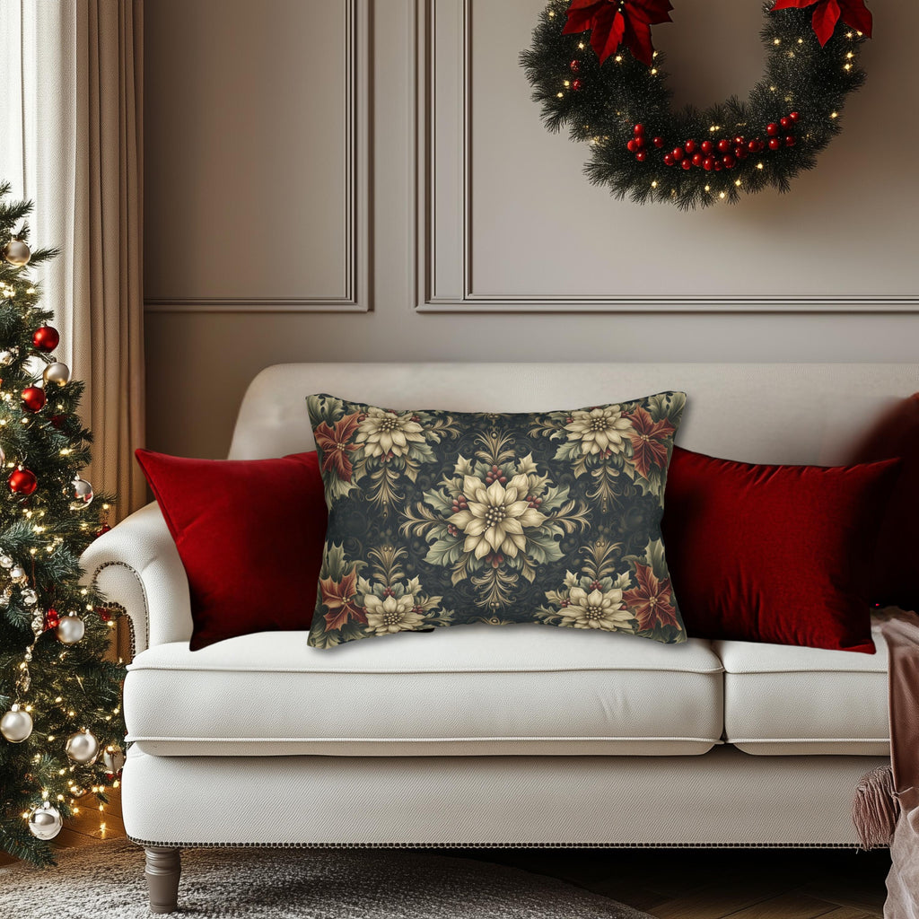 William Morris Christmas Lumbar Pillow: Ivory Poinsettia & Holly on Midnight Green
