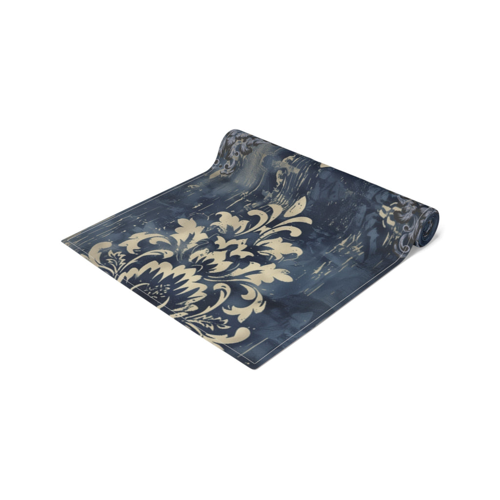 Navy Blue and Gold Damask Table Runner: Farmhouse Chic Decor