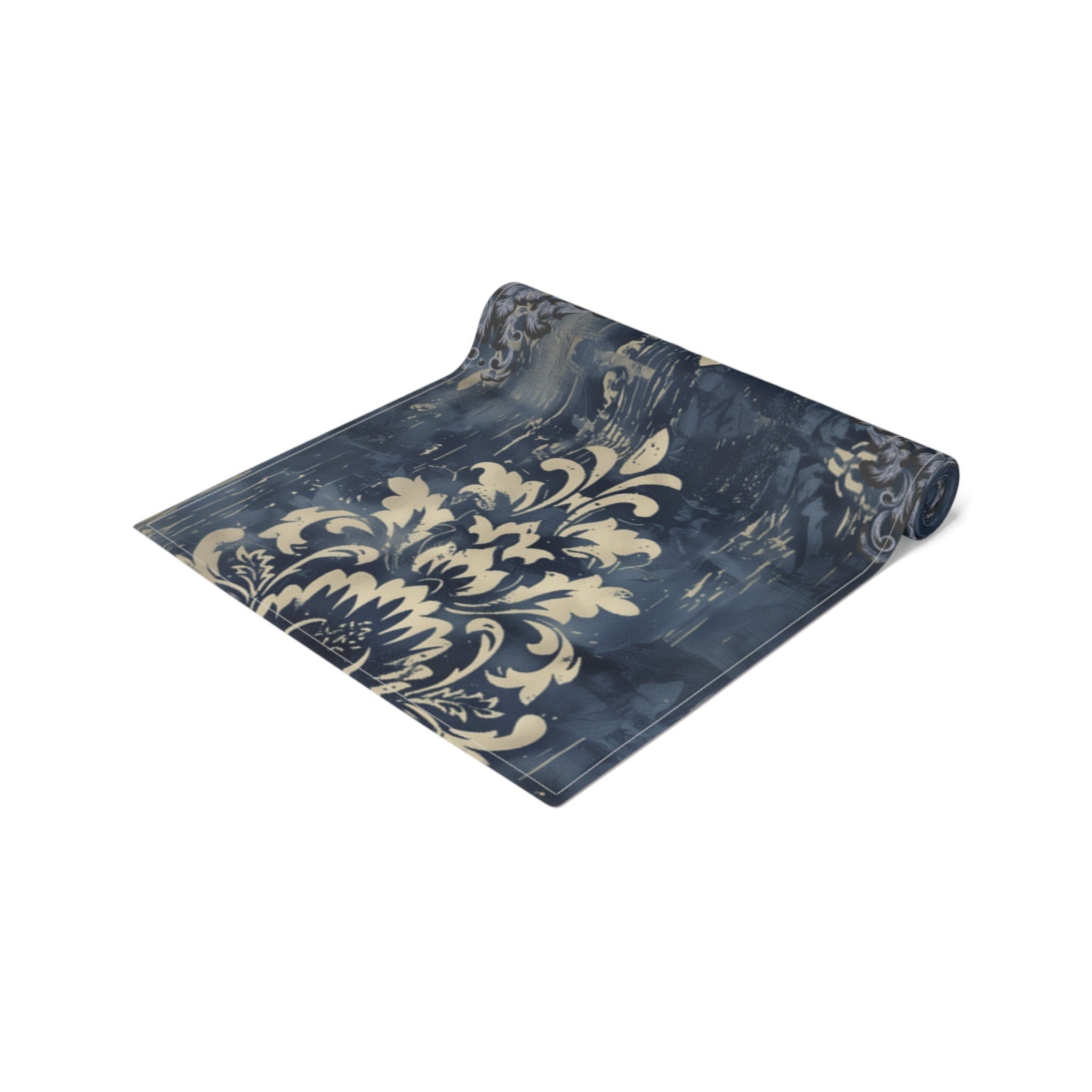 Navy Blue and Gold Damask Table Runner: Farmhouse Chic Decor