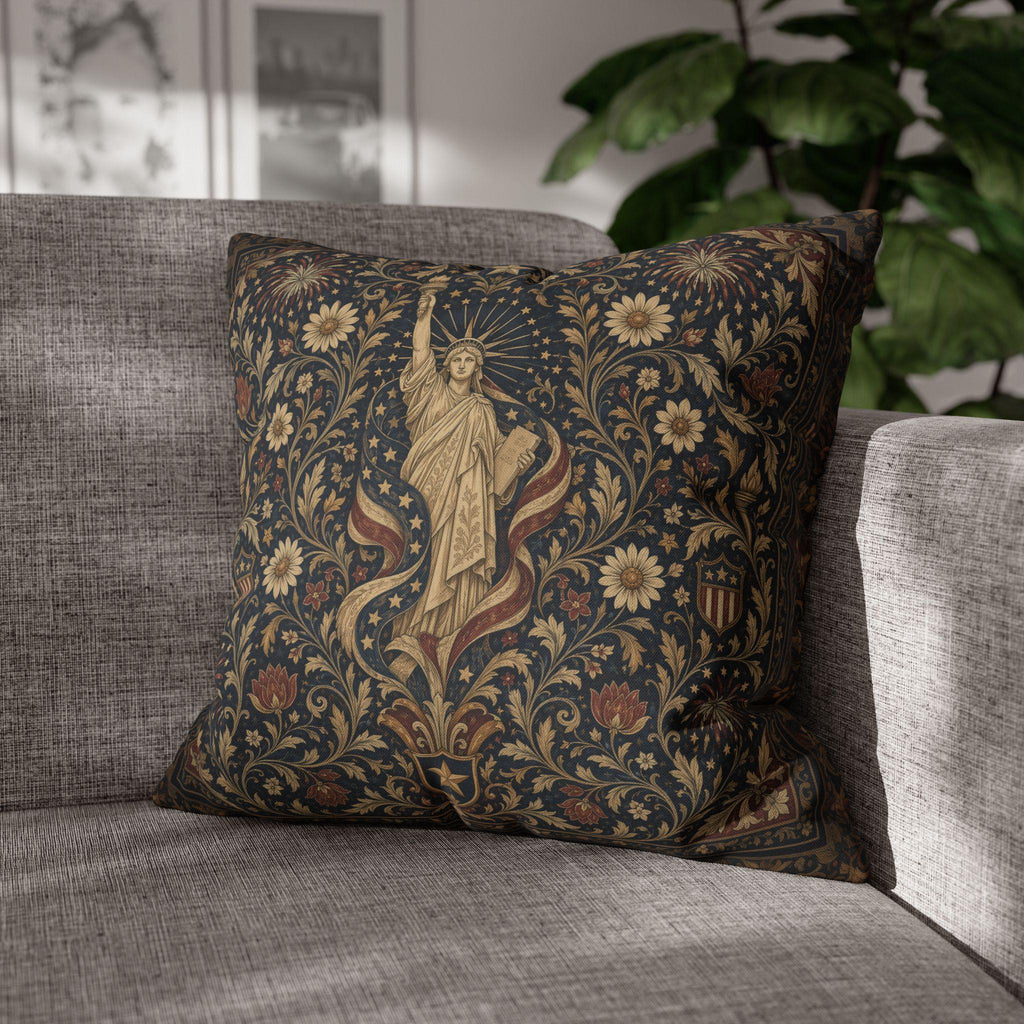 Patriotic Pillow Cover: Americana Statue of Liberty Botanical Design