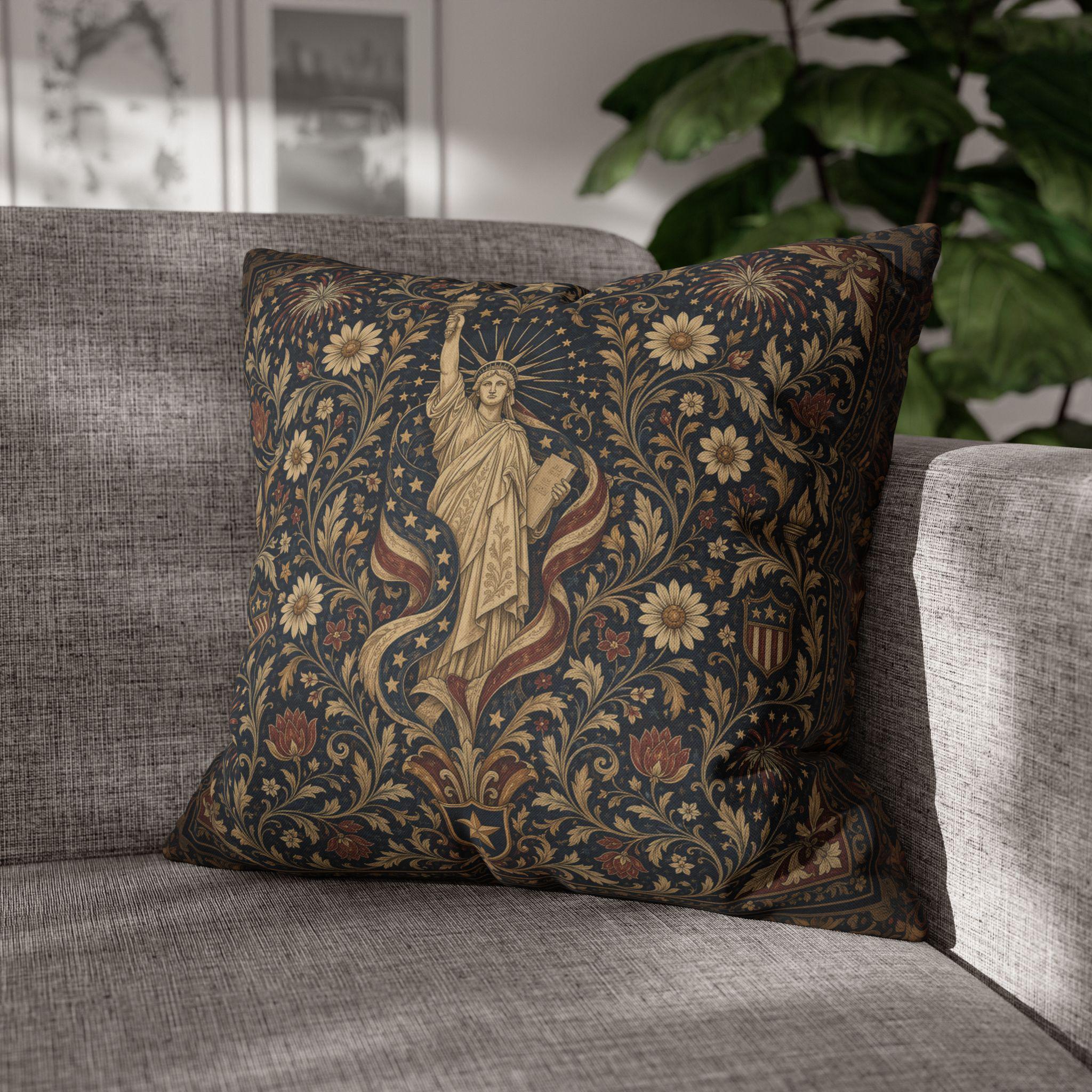Patriotic Pillow Cover: Americana Statue of Liberty Botanical Design