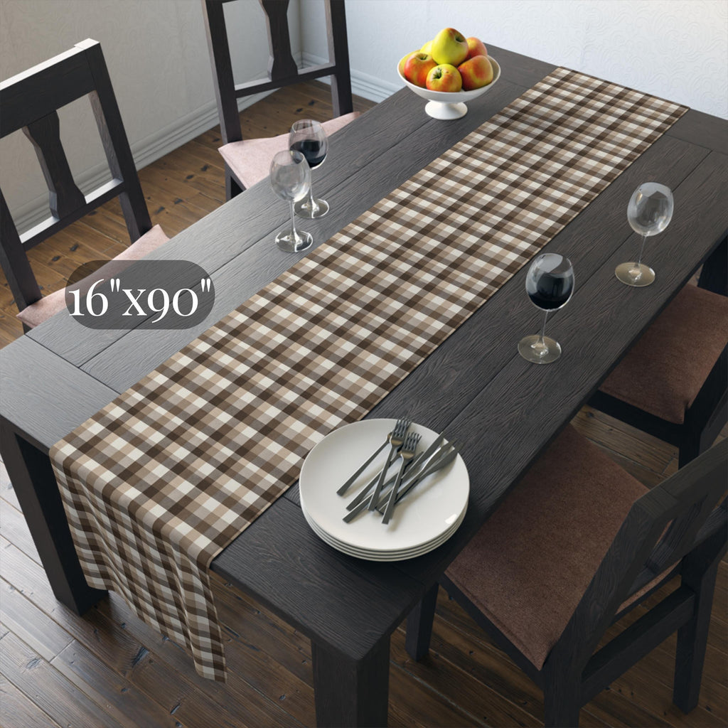 Neutral Brown Gingham Plaid Table Runner: Farmhouse Buffalo Check Accent