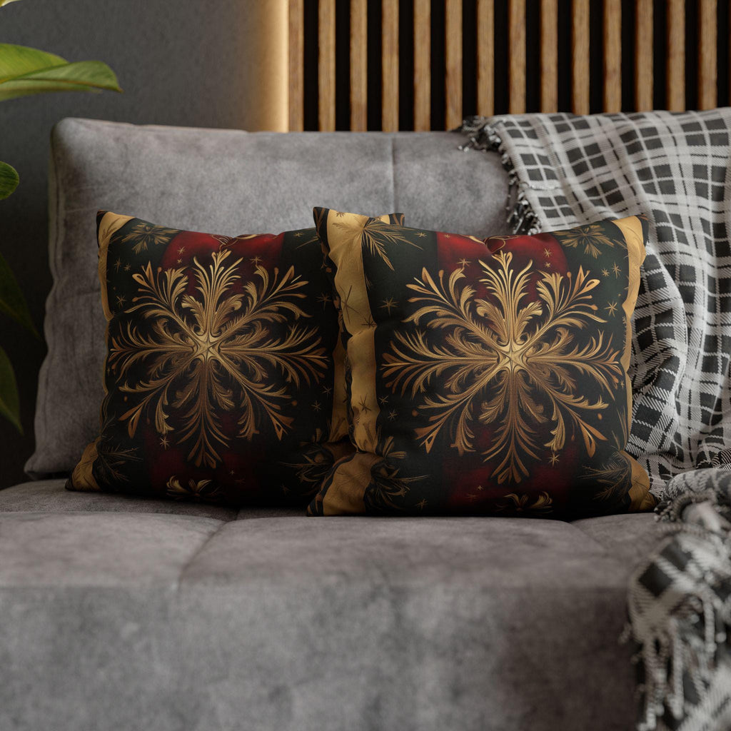 Elegant Holiday Snowflake Pillow Cover: Festive Red, Green & Gold Striped Christmas Decor for Home