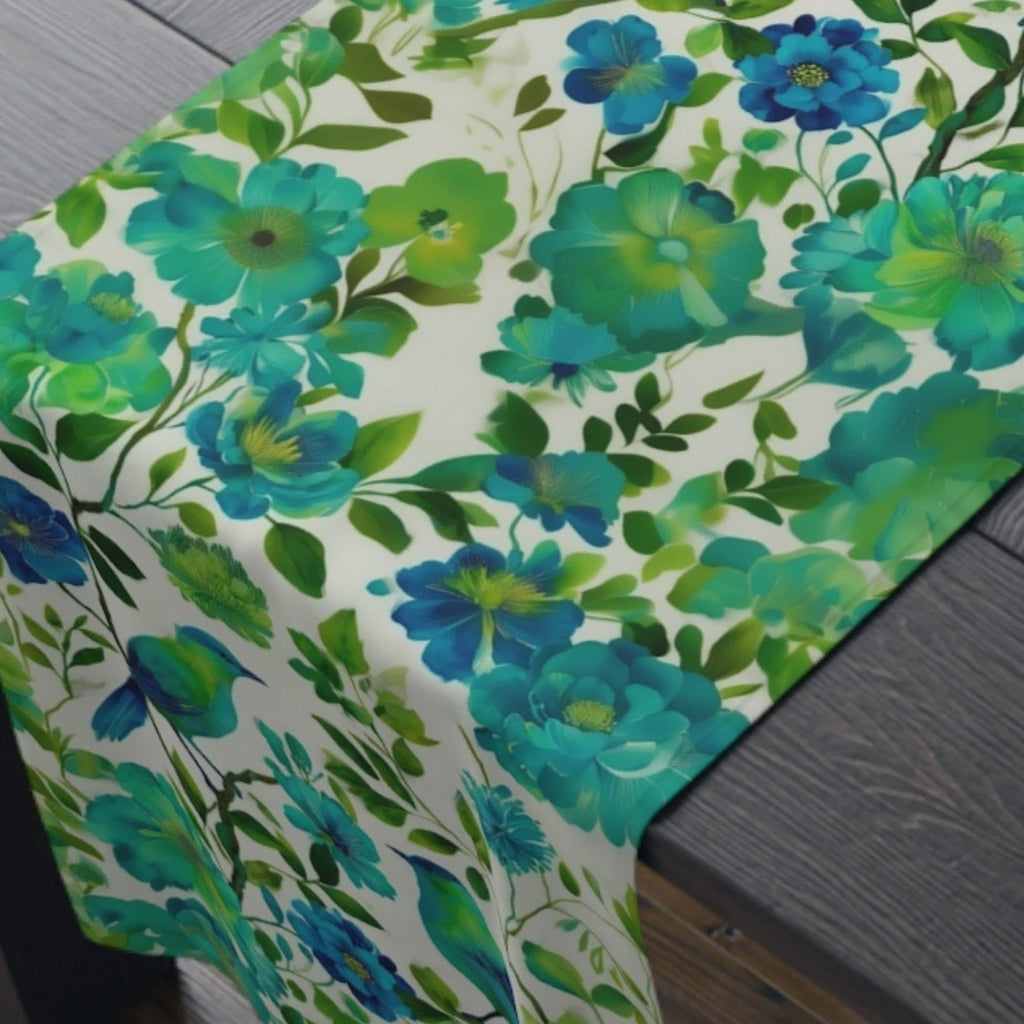 Chinoiserie Bird Table Runner: Teal Green Watercolor Floral