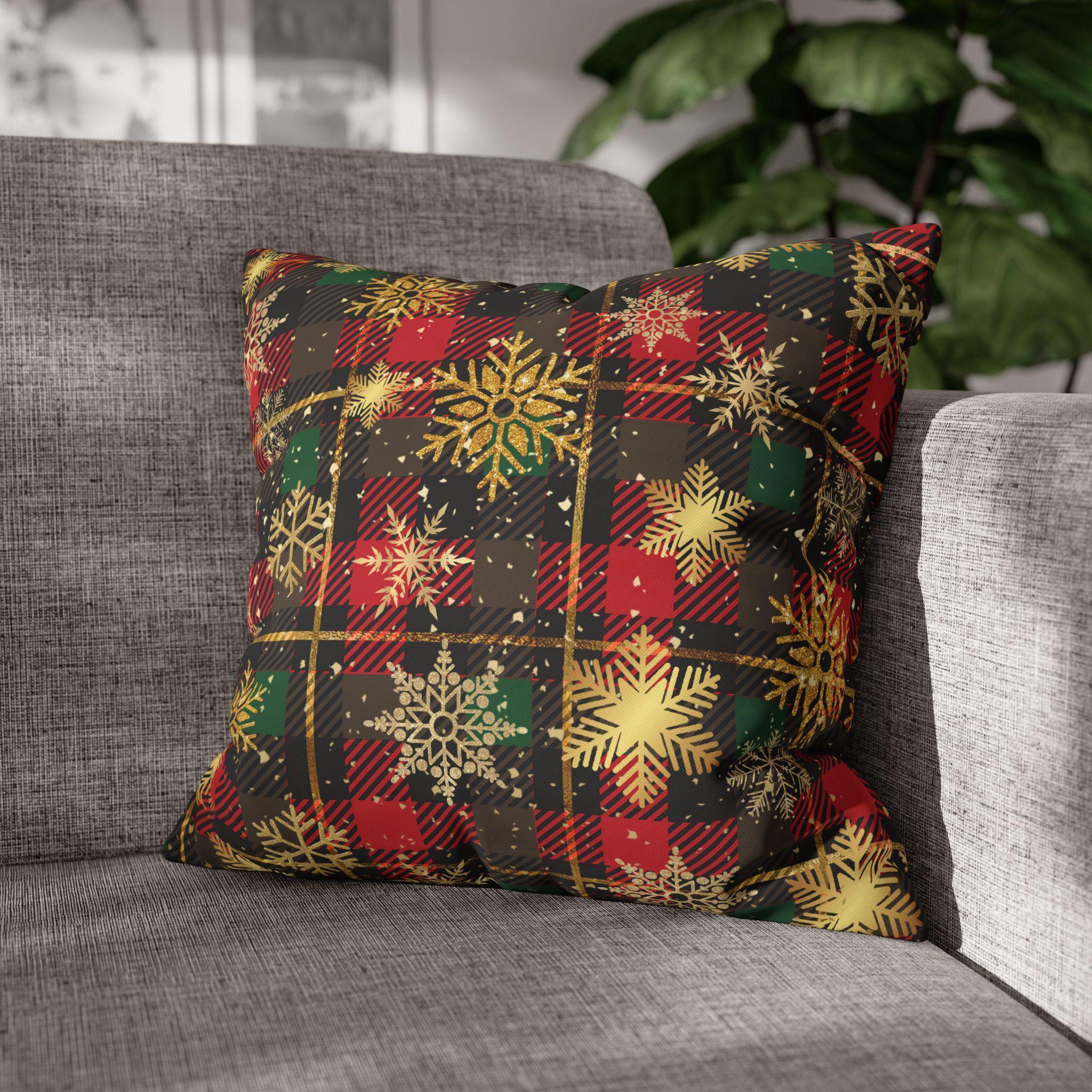 Christmas Plaid Pillow Cover, Gold Snowflakes, Festive Home Decor