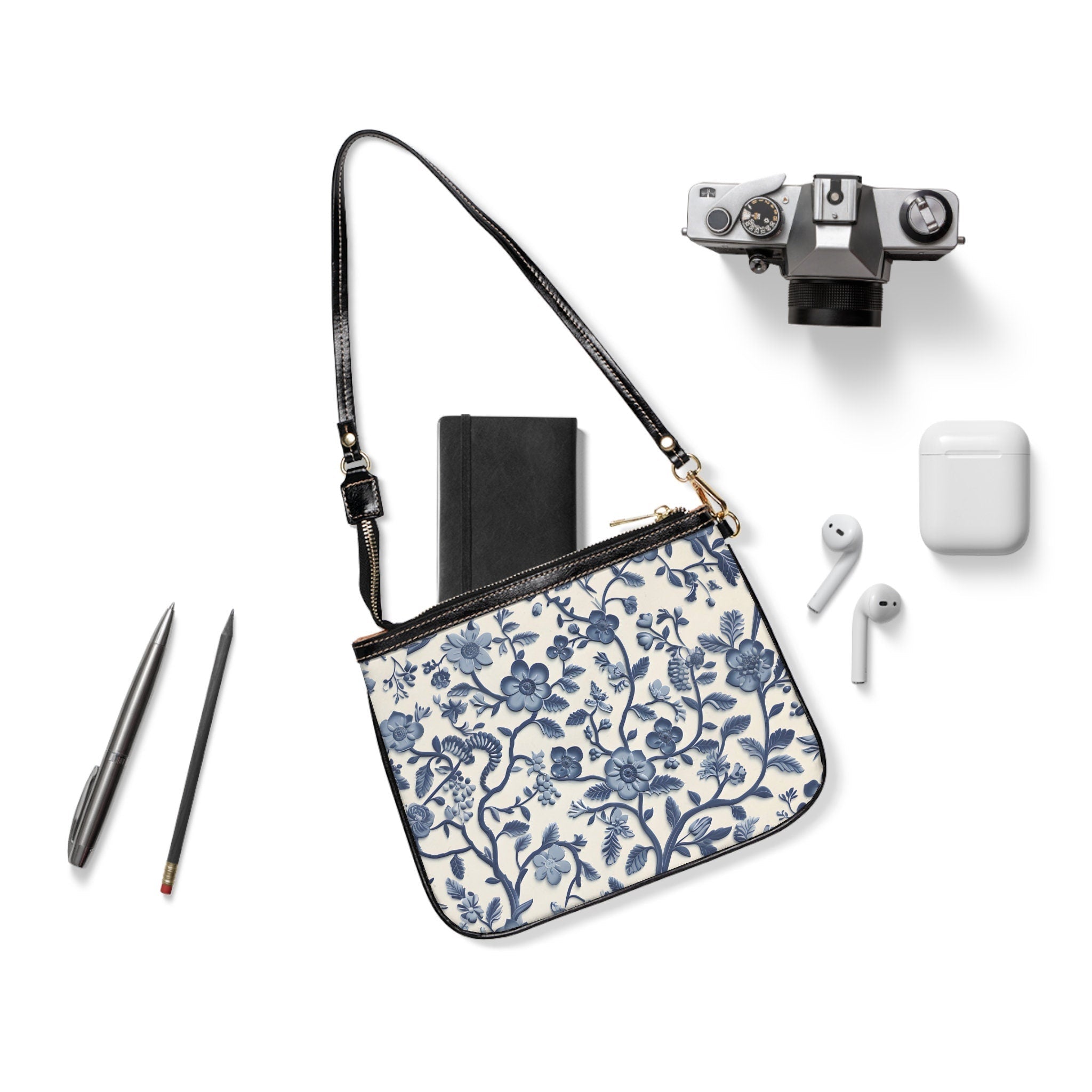 Chinoiserie Floral Shoulder Bag: Blue & White Vegan Leather Purse
