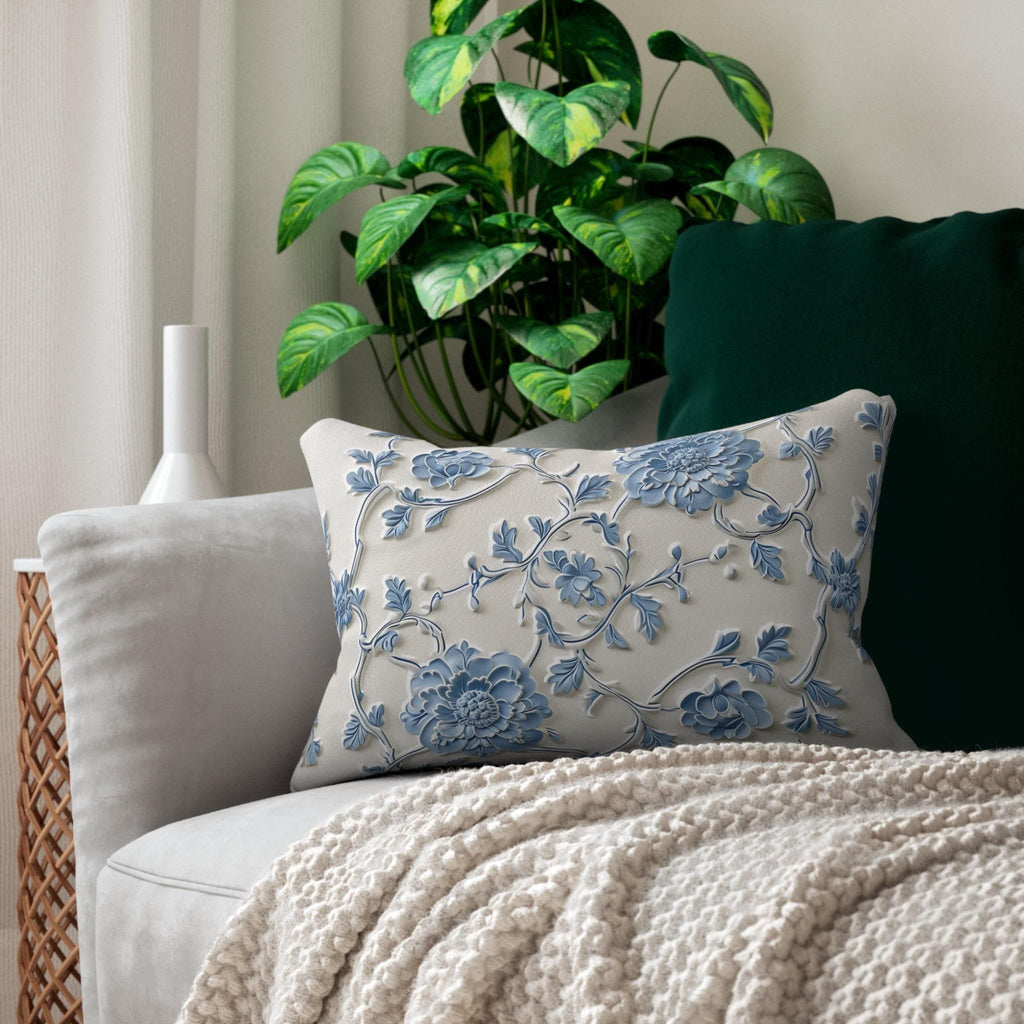 Lumbar Pillow: Elegant Blue Floral Pattern (20x14, Off-White)