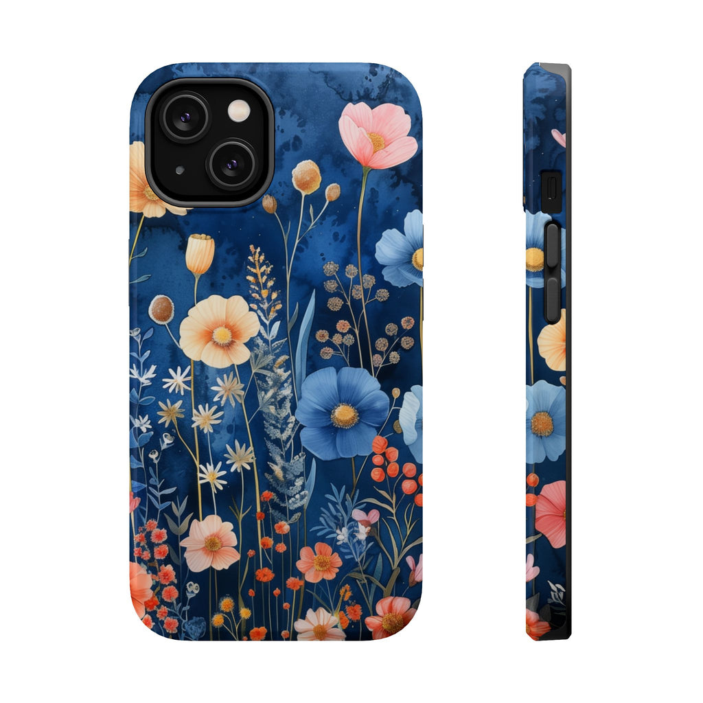 Blue Wildflower MagSafe iPhone Case: Dreamy Floral Design 14 15 16 Pro Plus Max