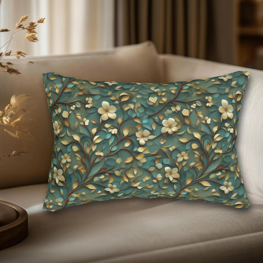 Luxurious William Morris Inspired Floral Lumbar Pillow: Green & Gold Botanical Design