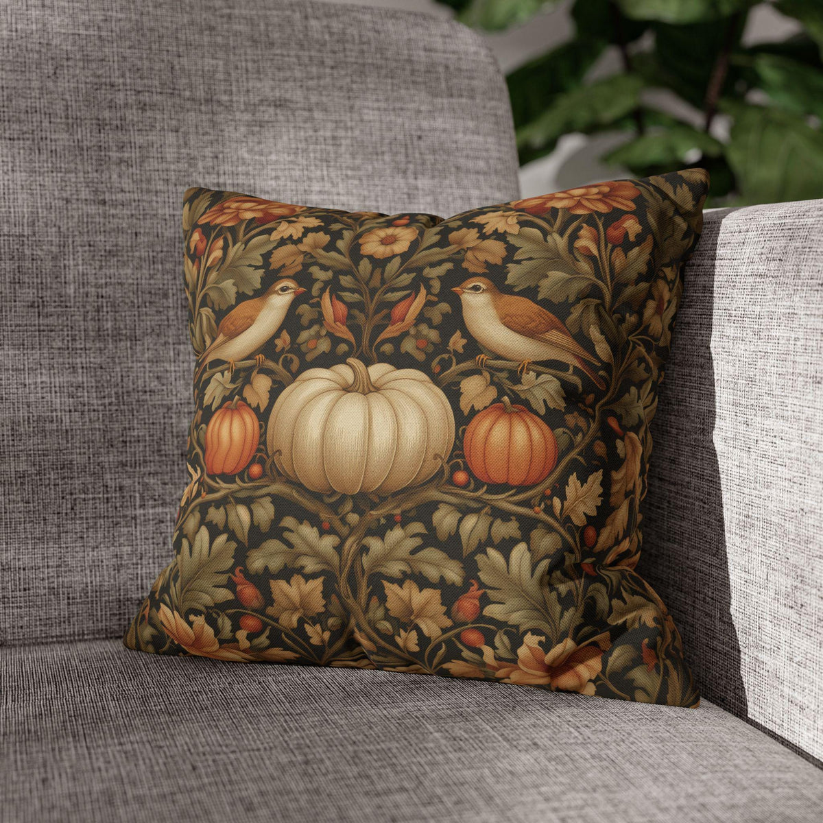 Pumpkin Thief Pillow Cover: William Morris Inspired Autumn Botanical Birds