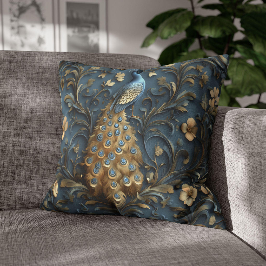 Elegant William Morris Peacock Pillow Cover: Vintage Arts and Crafts Blue Gold Bird Cushion