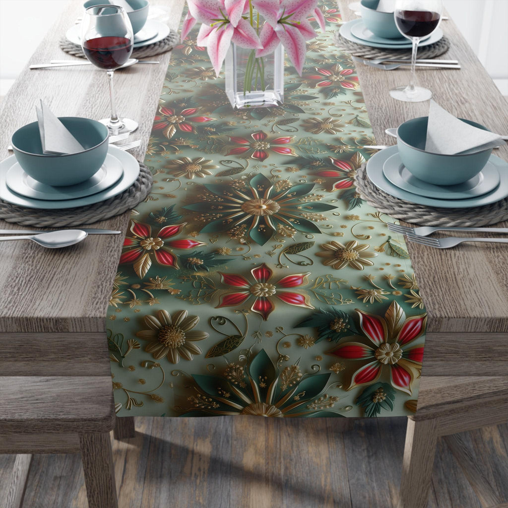 Elegant Christmas Table Runner: Snowflake & Poinsettia Holiday Decor